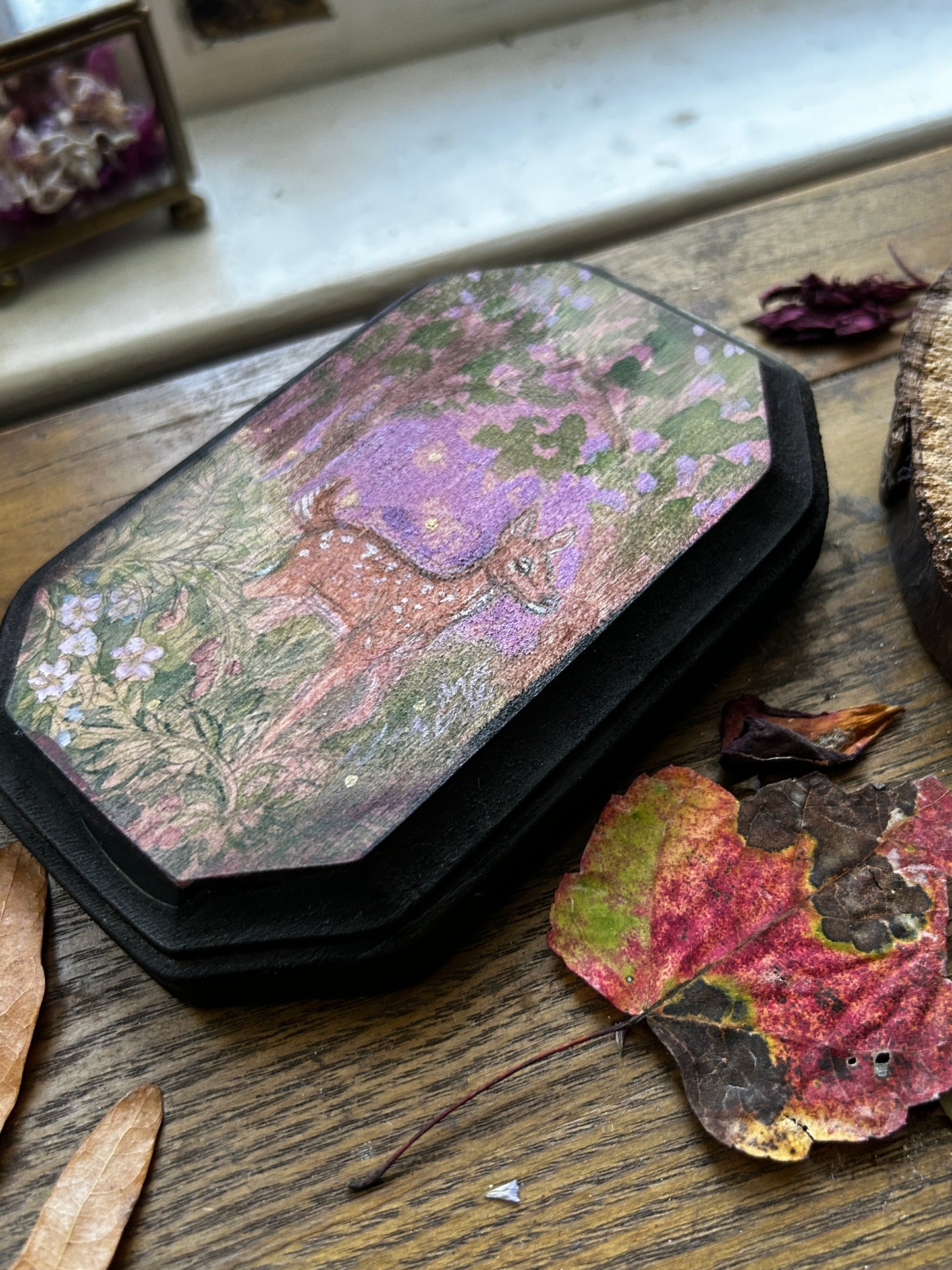 Original miniature watercolor painting on wood- ready to display art- deer fawn, barred owls, crows, autumn forest, goldenrod, blackberry bramble