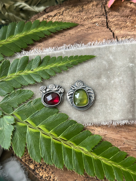 Woodland Snail with garnet or Vesuvianite- your choice of ring or pendant- sterling silver jewelry
