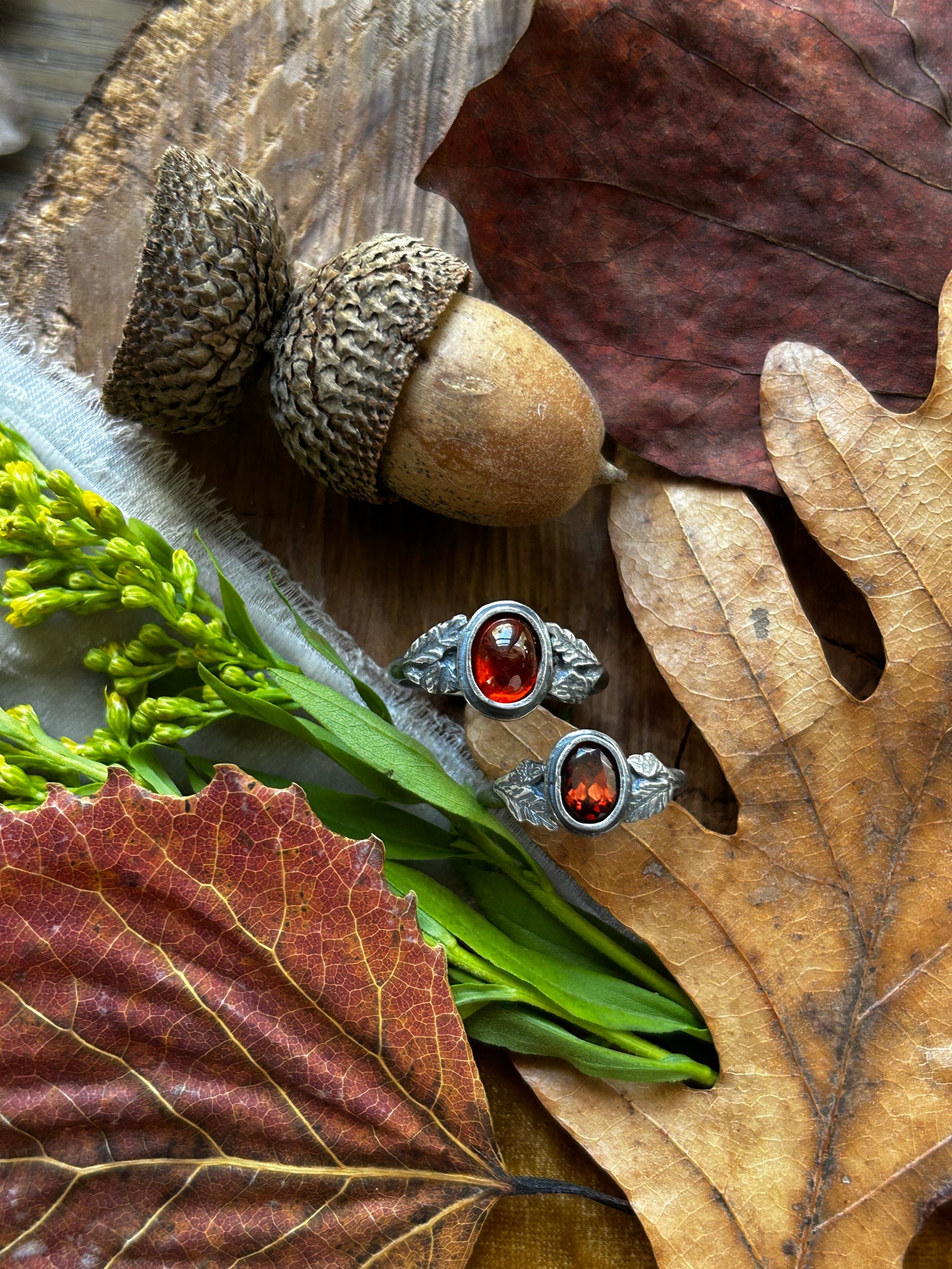 Oak and Acorn Ring in choice of zircon or hessonite garnet- sterling silver jewelry