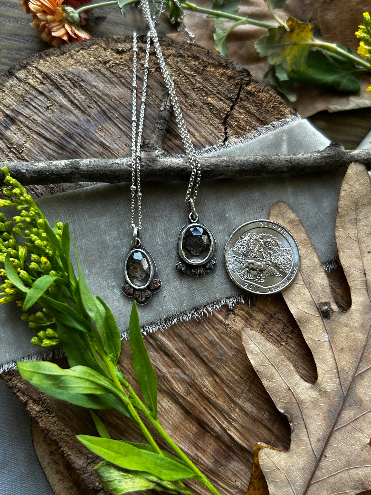 Forest Fox Necklace in Imperial Topaz or Smoky Quartz- sterling silver copper jewelry