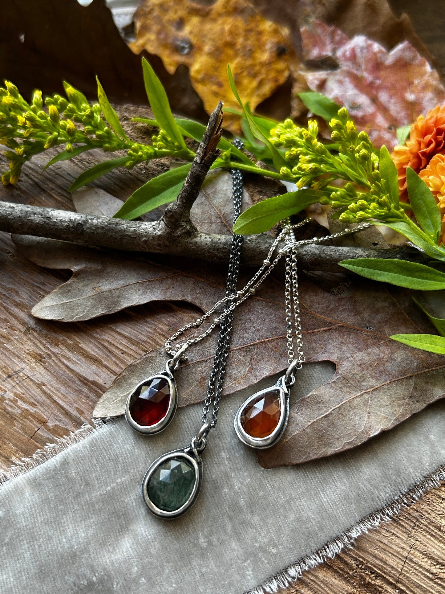Hidden Forest Leaf Necklaces- choice of gem and leaf- sterling silver jewelry