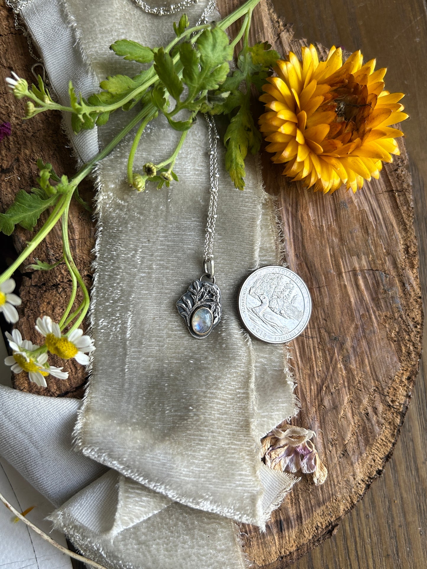 Rainbow moonstone elderflower necklace- brass and sterling silver jewelry