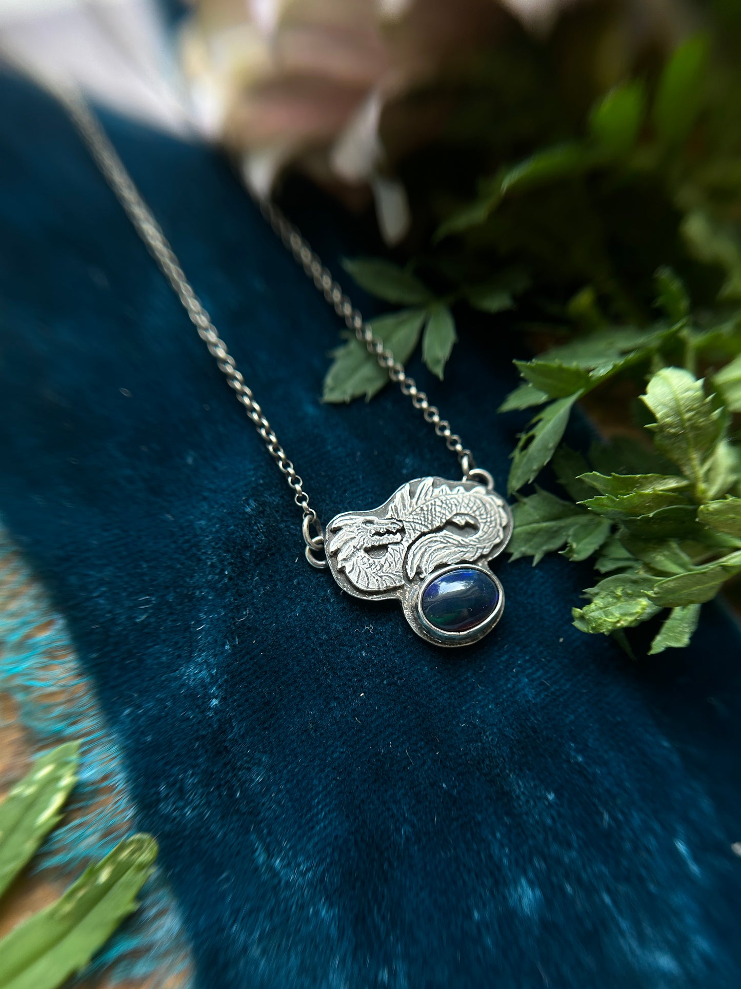 Sea Serpent and Black Opal Necklace- sterling silver jewelry