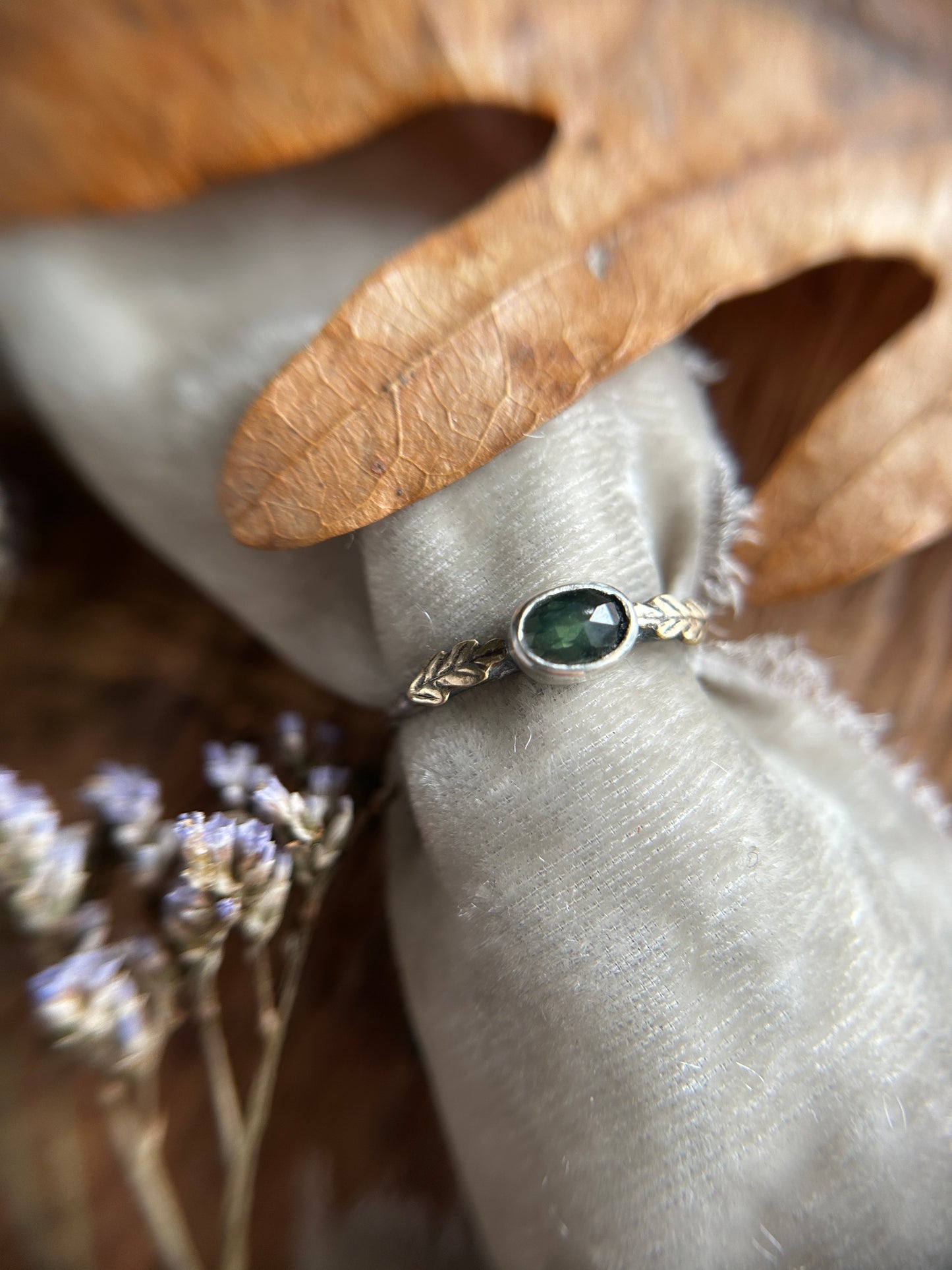 Woodland leaf stackable ring- choice of gemstone, leaves, and ring size sterling silver with choice of brass or copper made to order jewelry