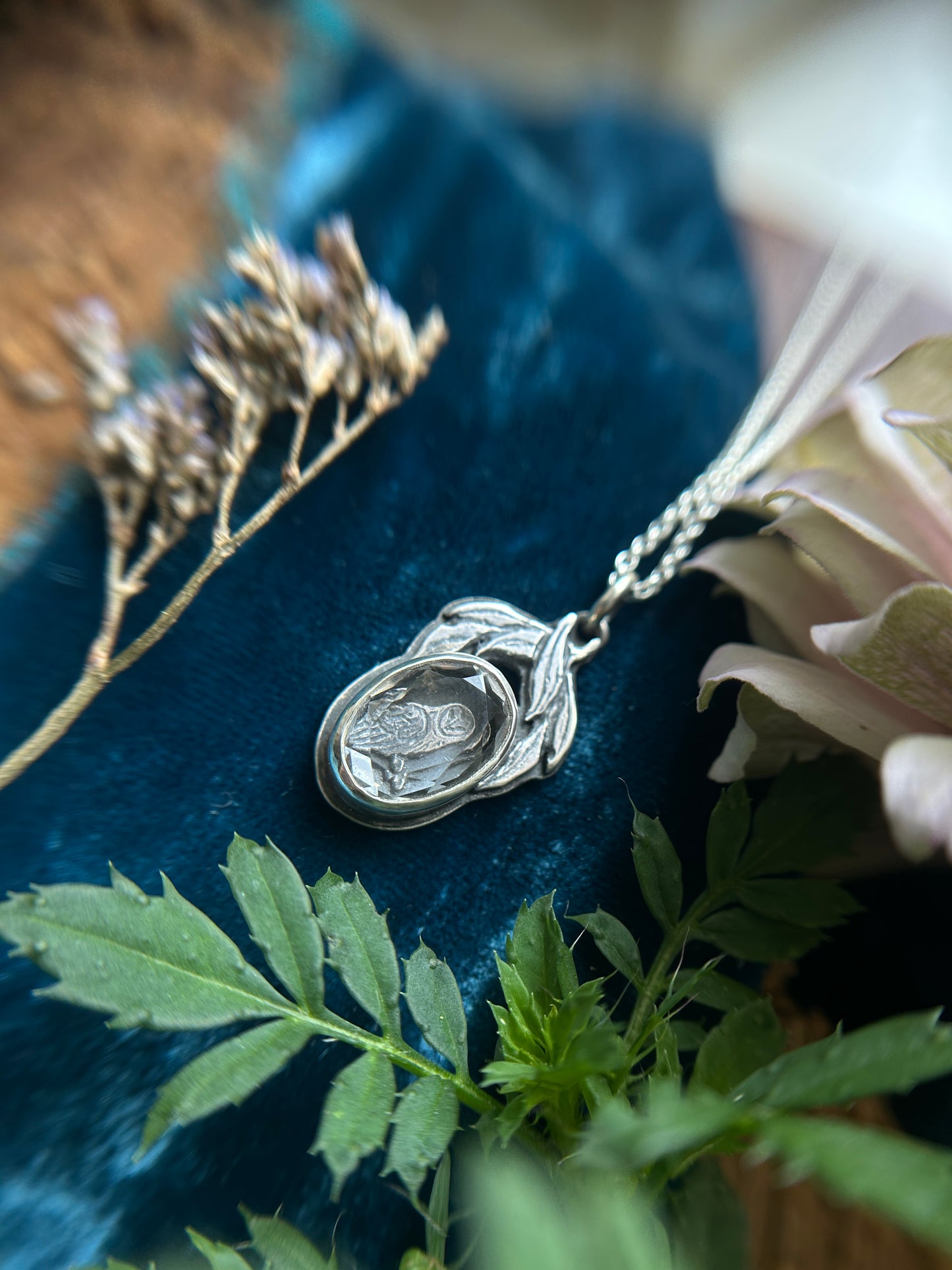 Barn Owl with Willow Tree under portrait cut quartz Necklace- sterling silver jewelry