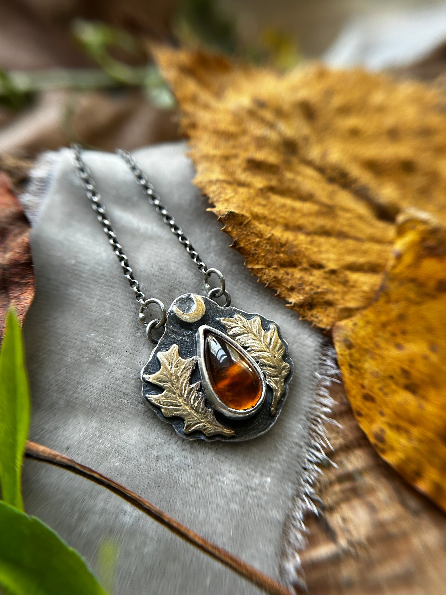 Oak Moon with Hessonite Garnet Necklace- Sterling silver and brass jewelry