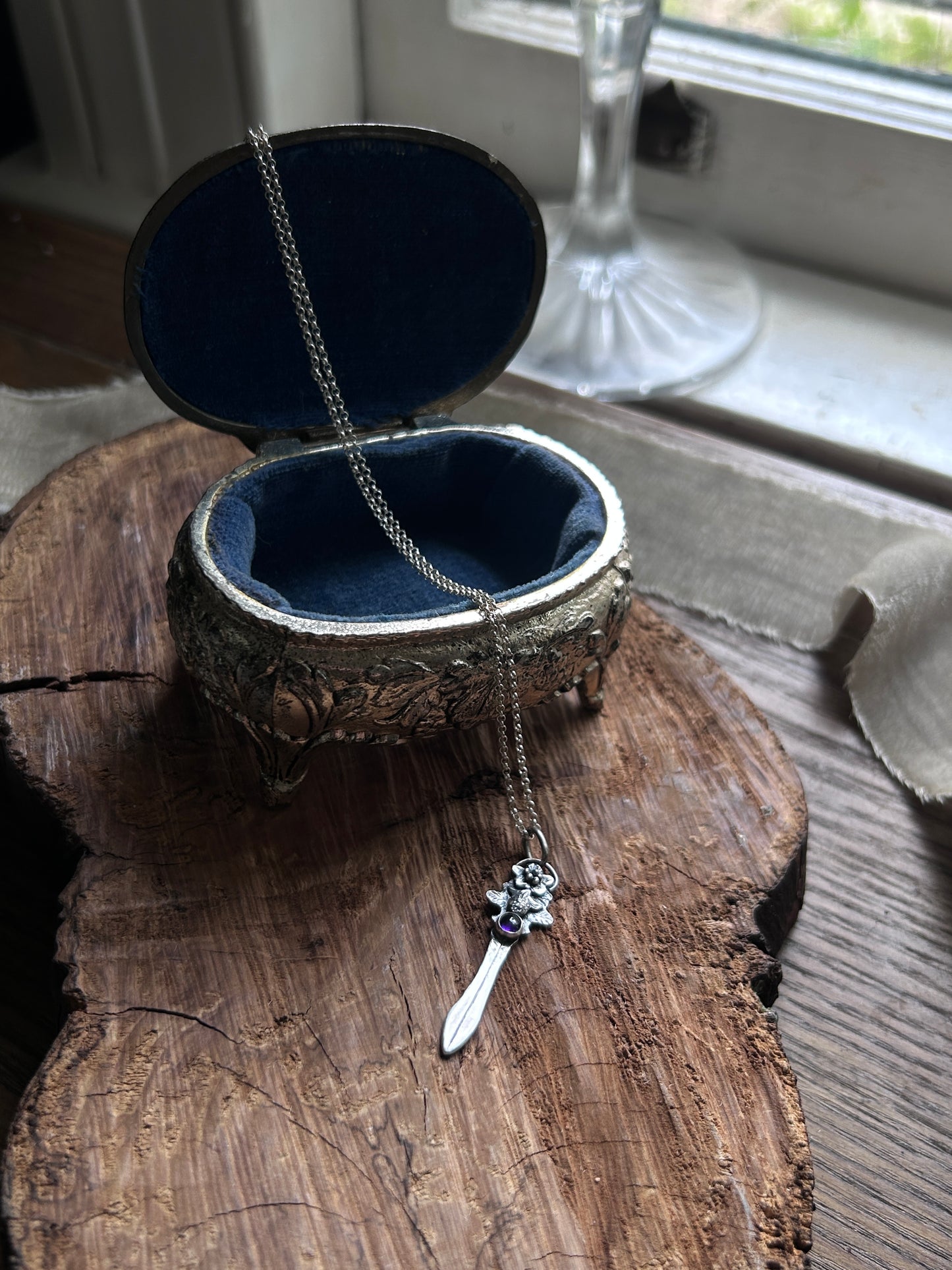 Blackberry bramble sword necklace with amethyst- Sterling silver jewelry