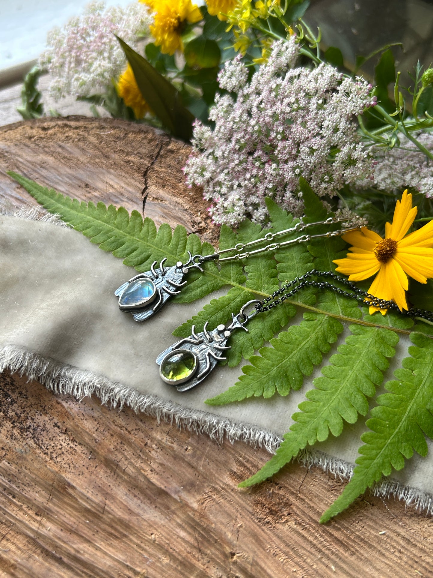 Firefly necklaces- moonstone or peridot-sterling silver handmade jewelry