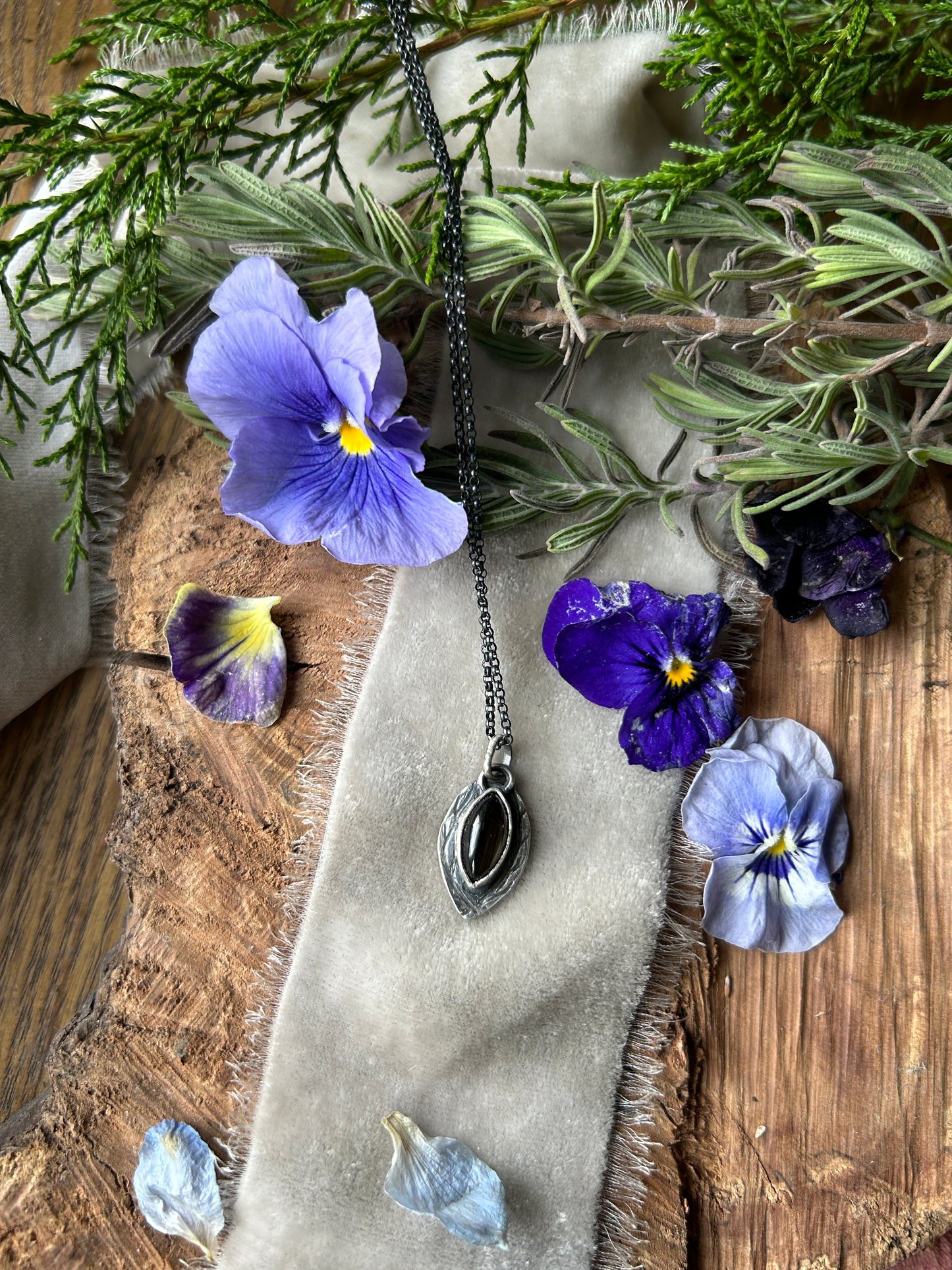 Black Star Sapphire with Woodpecker and Tree Branch Engraved Necklace- sterling silver