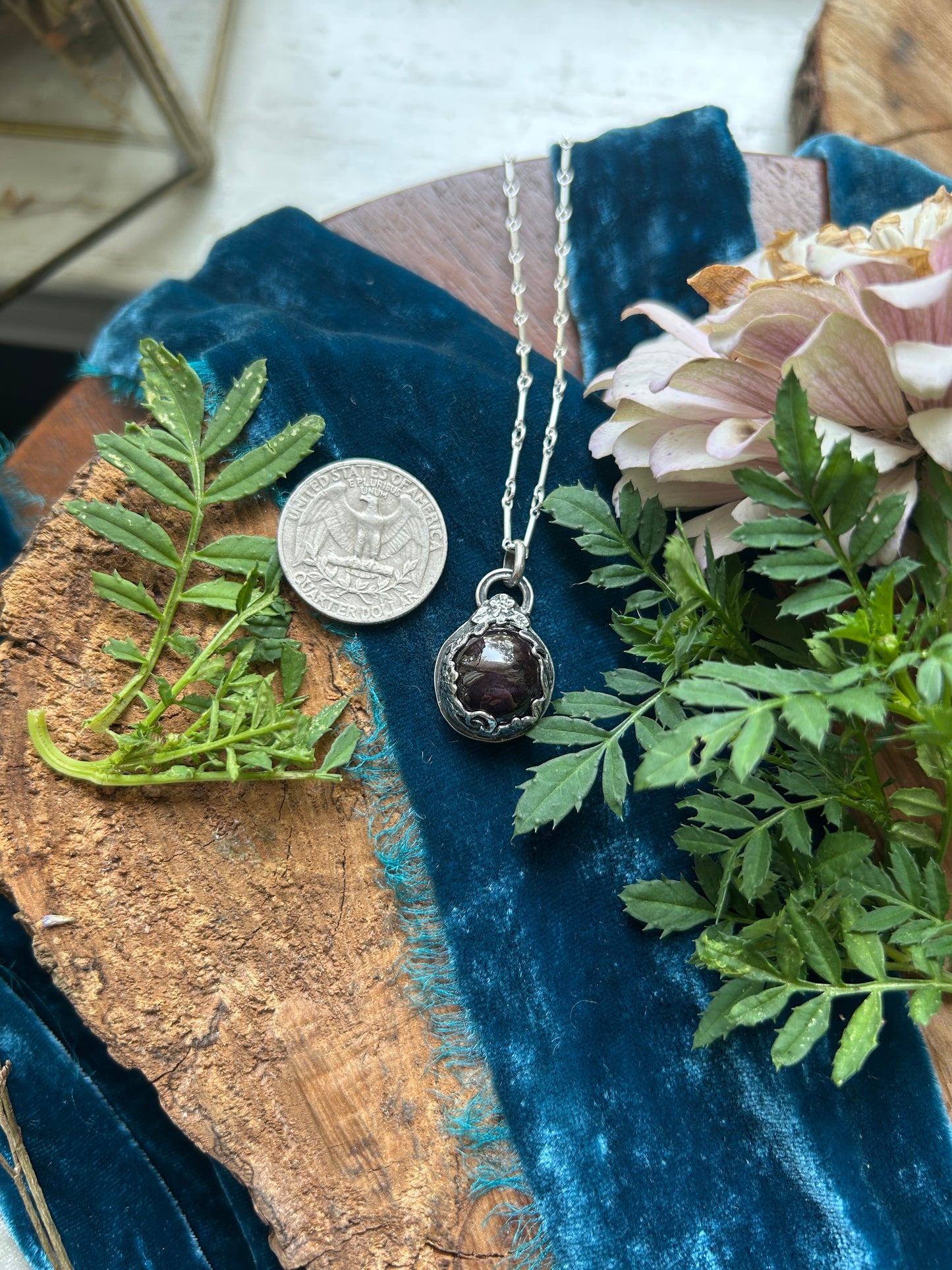 Star Garnet Blackberry Bramble Necklace- sterling silver jewelry