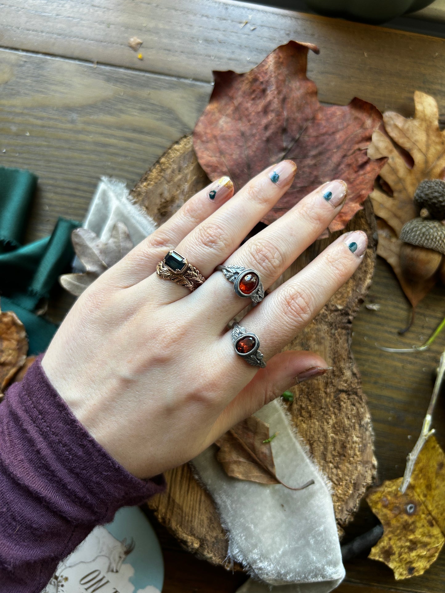 Oak and Acorn Ring in choice of zircon or hessonite garnet- sterling silver jewelry