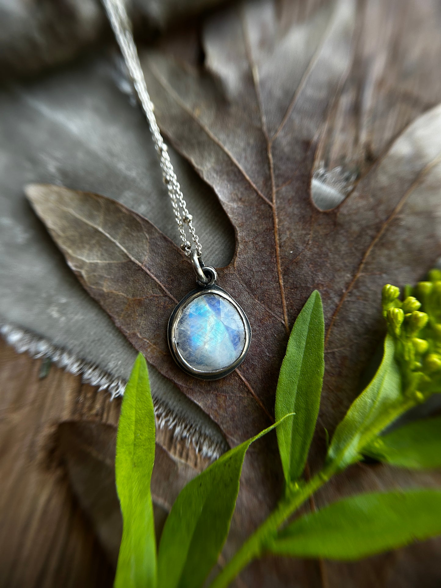 Rainbow moonstone hidden oak & acorn necklace- Sterling silver jewelry