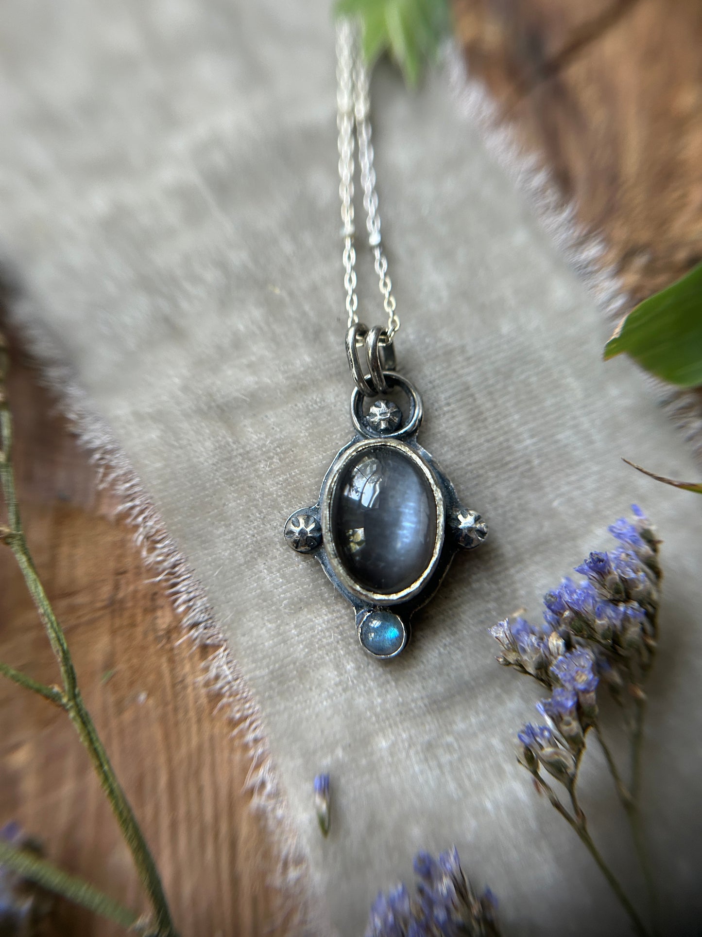Grey Moonstone with stormy seas selkie back and labradorite necklace- sterling silver jewelry