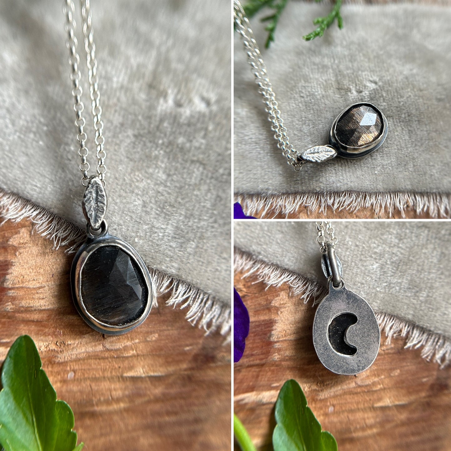 Simple Leaf Gemstone Necklace- choice of black moonstone, grey moonstone, or labradorite