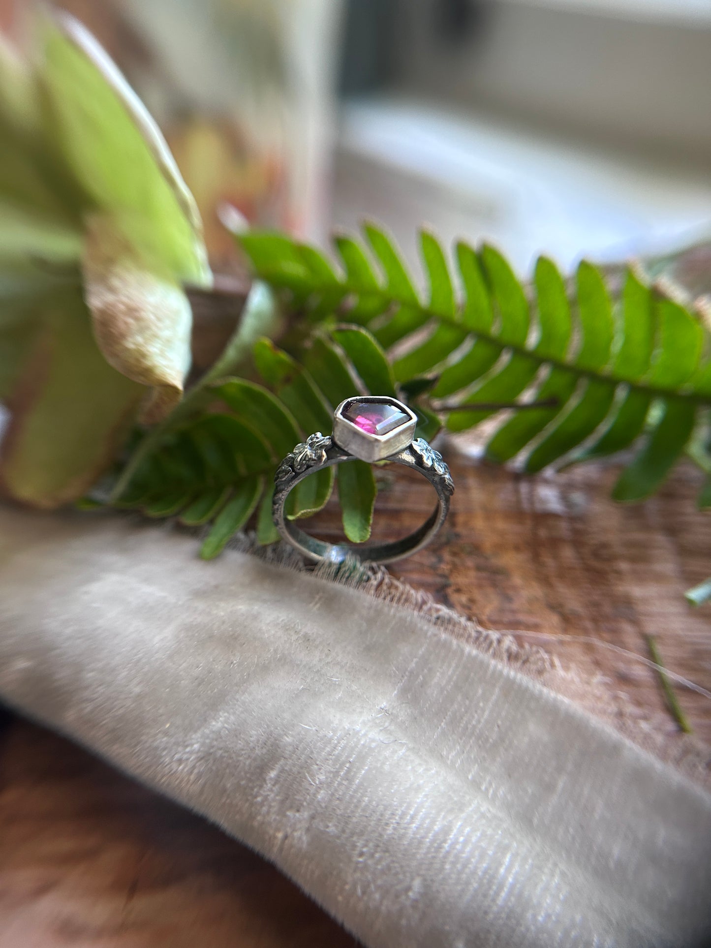 Azalea flowers and skull ring with portrait cut shield shaped rhodolite garnet- Sterling silver jewelry