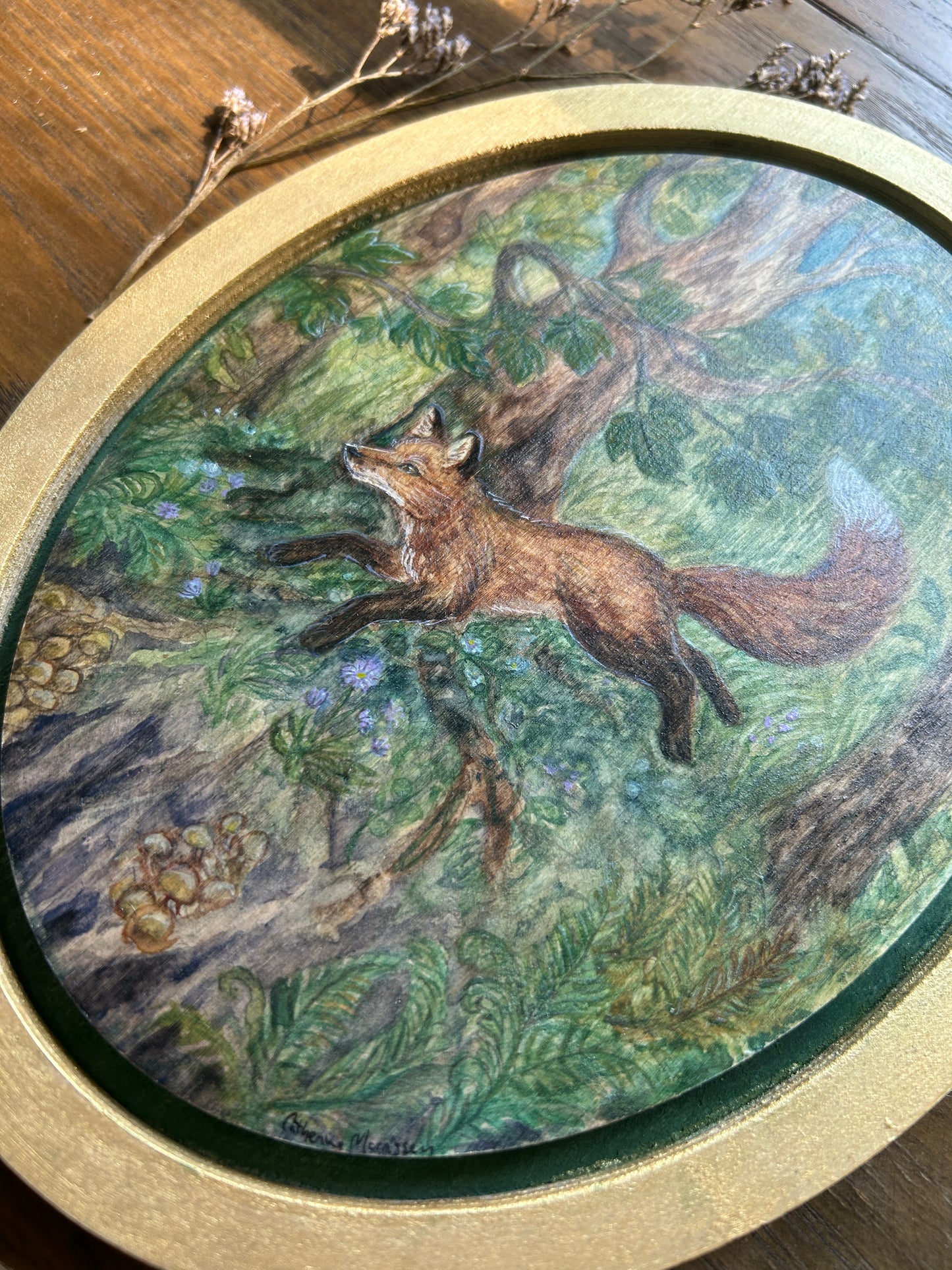 Fox Frolic through the Forest- Original watercolor painting on wood- oval shaped floating frame painting