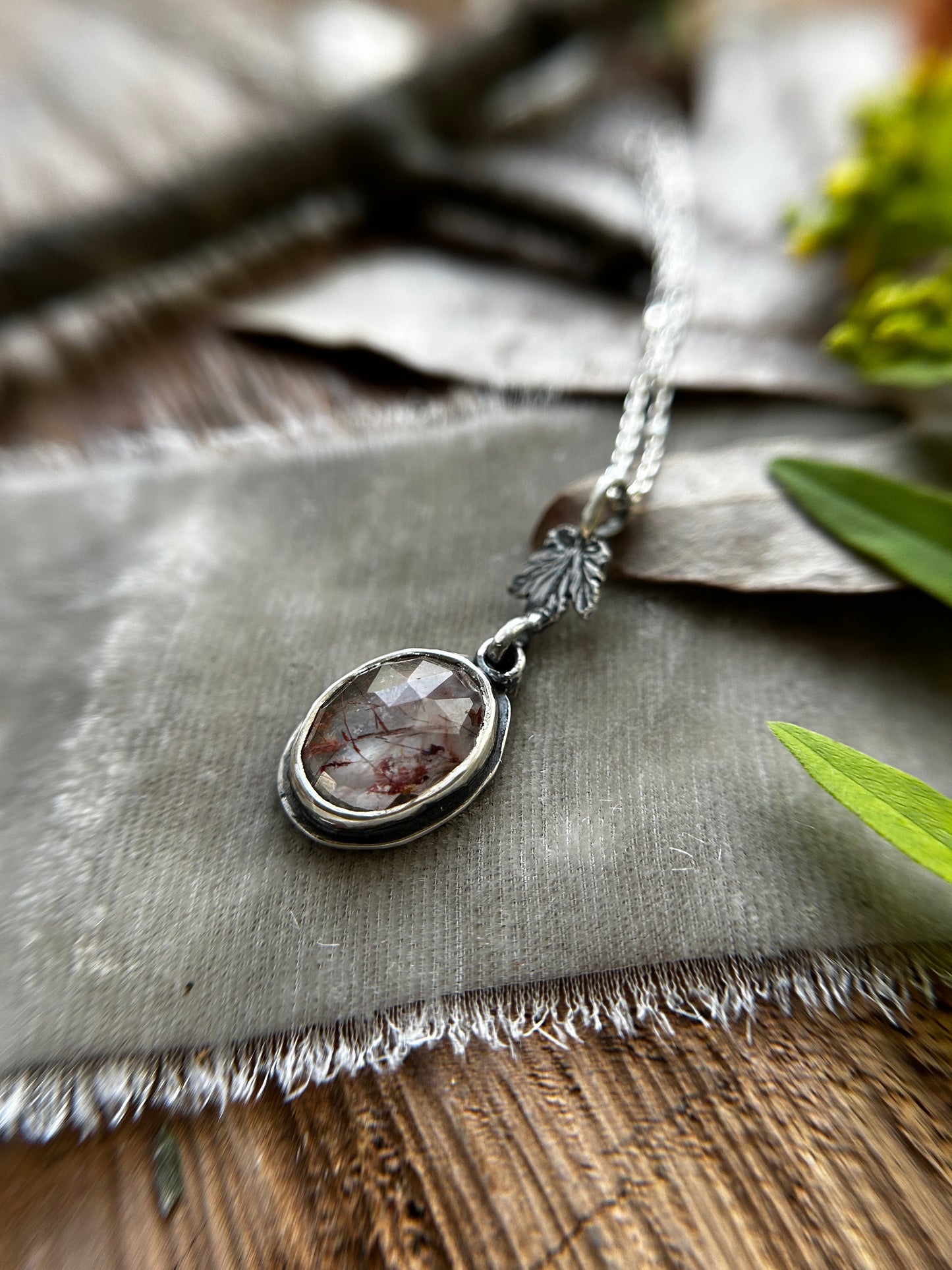 Red Rutilated Quartz Necklace with Maple Leaf & hidden tree detail- sterling silver jewelry