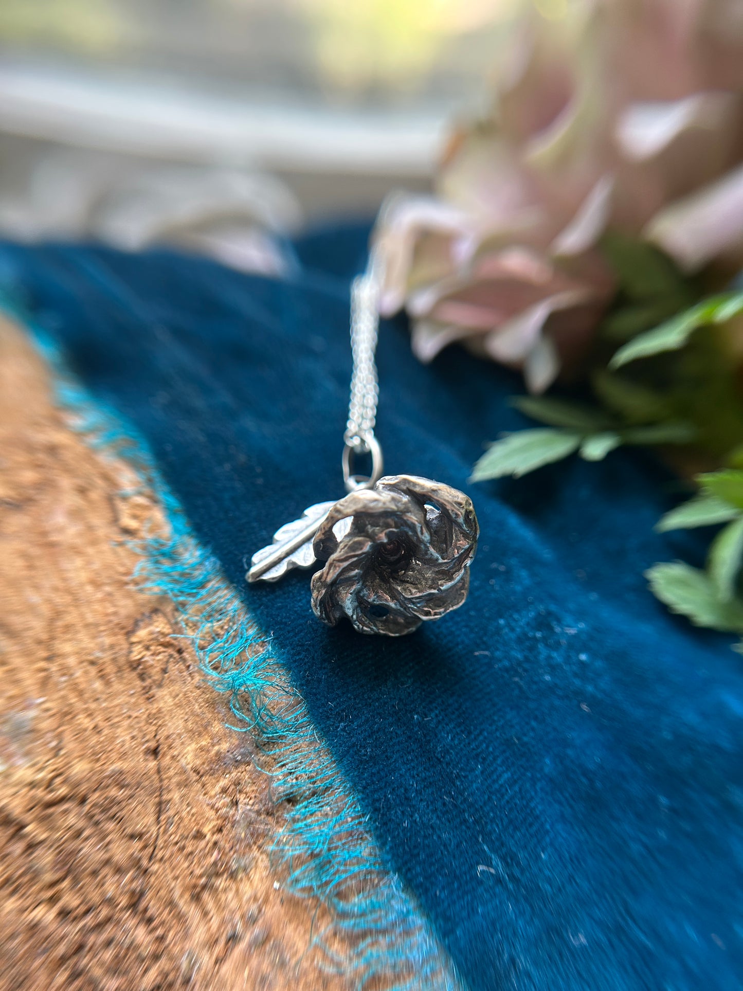 Datura Blossom Necklace with leaf- lost cast sterling silver jewelry