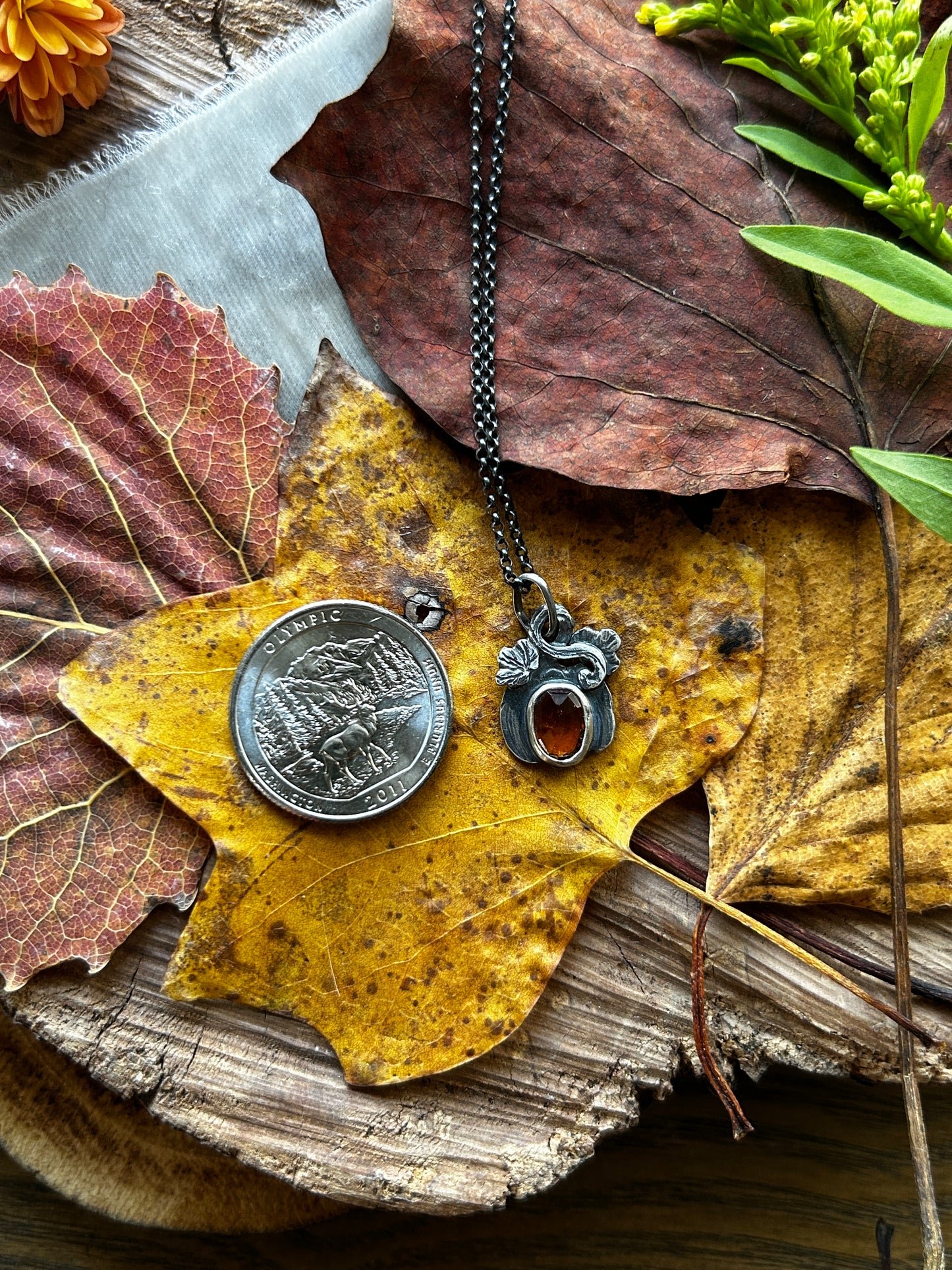 Hessonite Garnet Pumpkin necklace- sterling silver jewelry