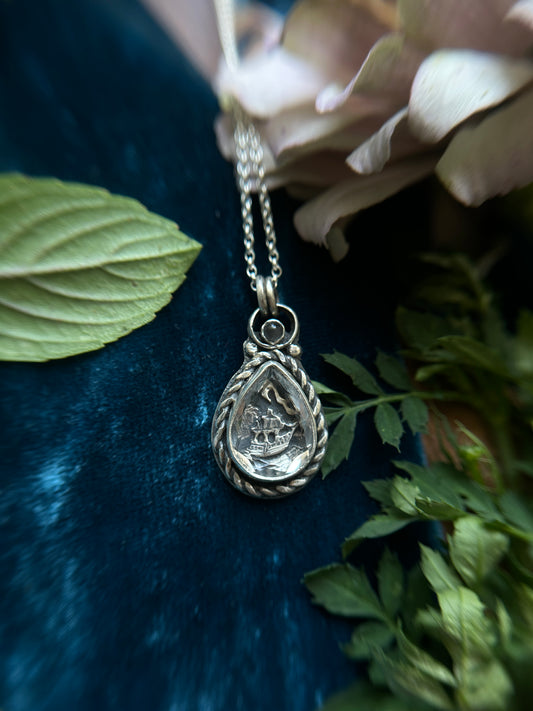 Sailing Ship through the Tempest - portrait cut quartz with grey moonstone- sterling silver jewelry