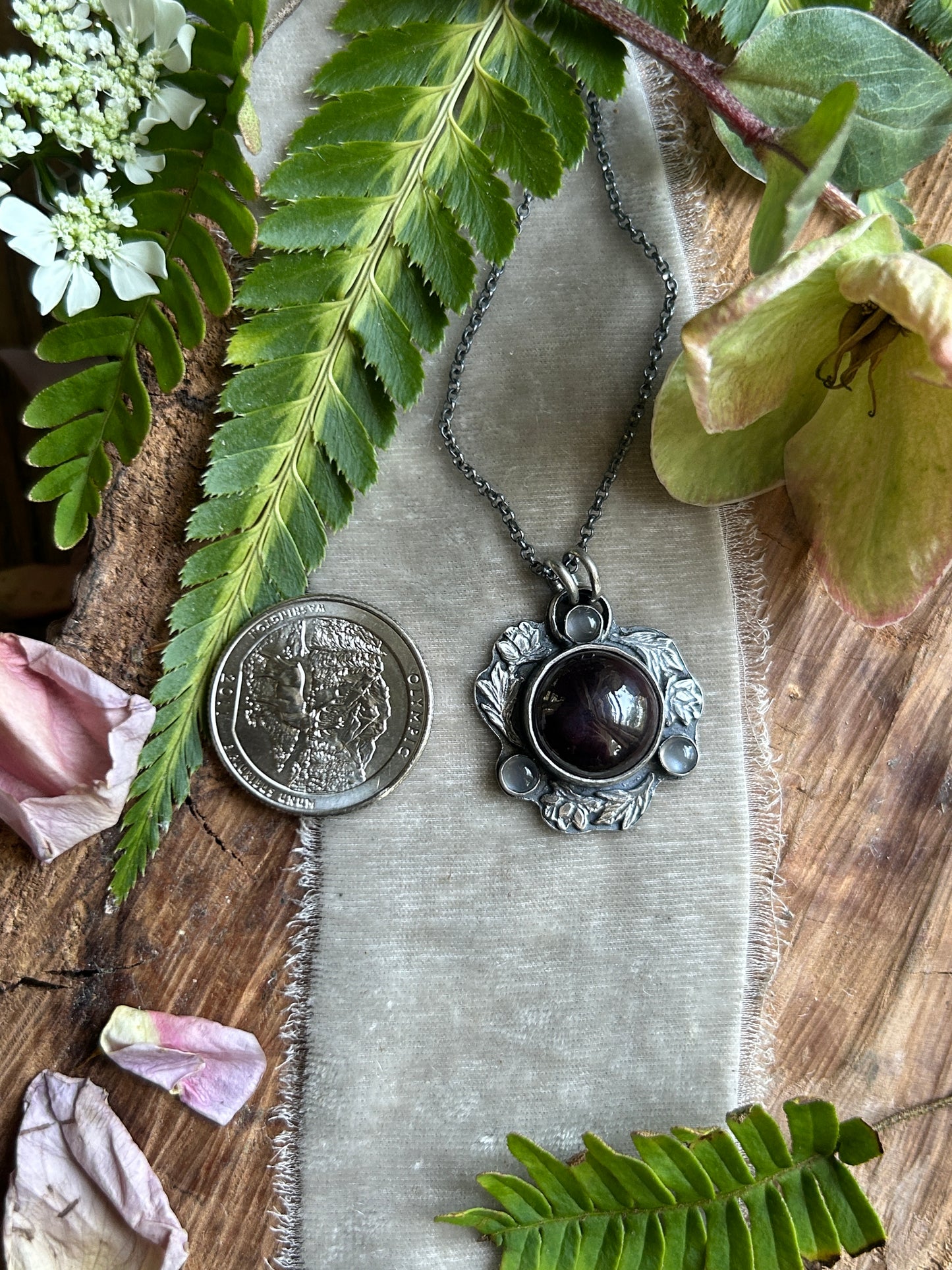 Star garnet and grey moonstone hellebore flower necklace- Sterling silver jewelry