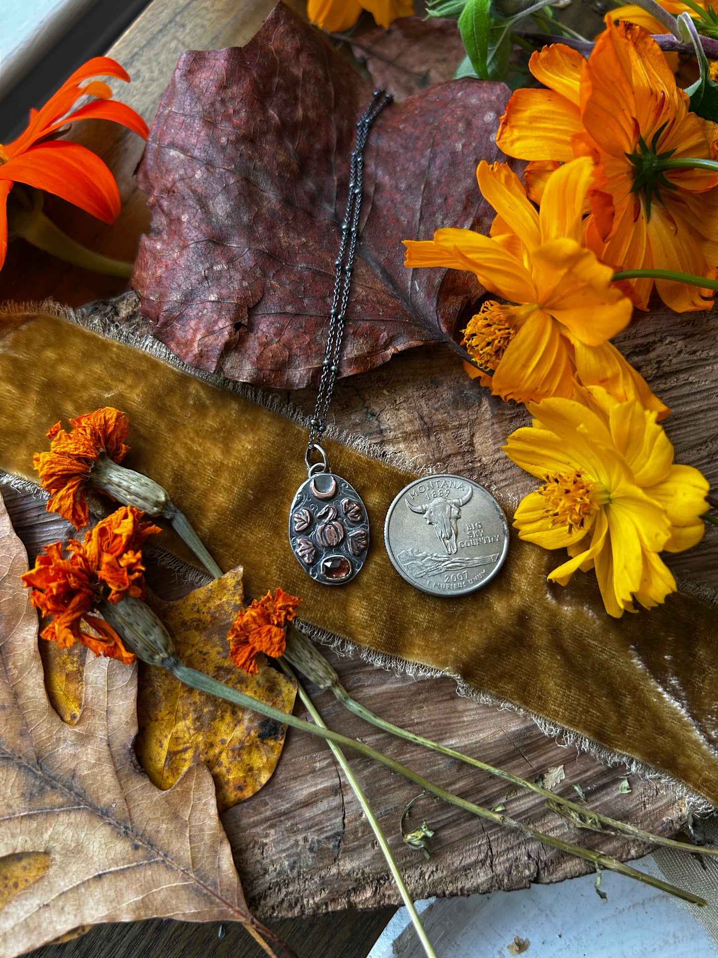 Pumpkin Moon Necklace with zircon- Sterling silver and copper detailed jewelry ready to ship