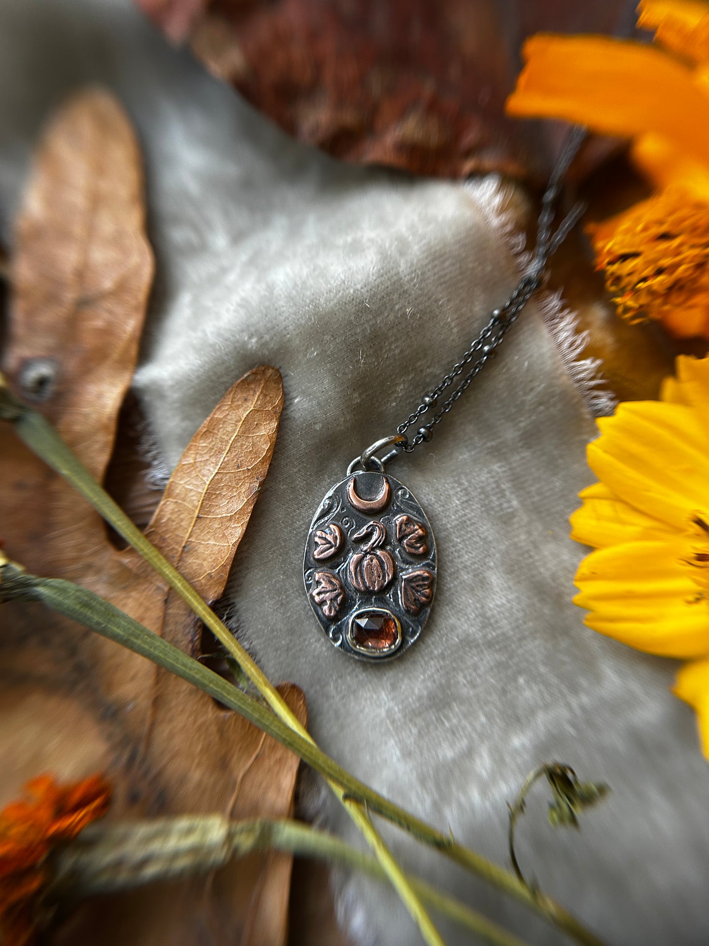 Pumpkin Moon Necklace with zircon- Sterling silver and copper detailed jewelry ready to ship