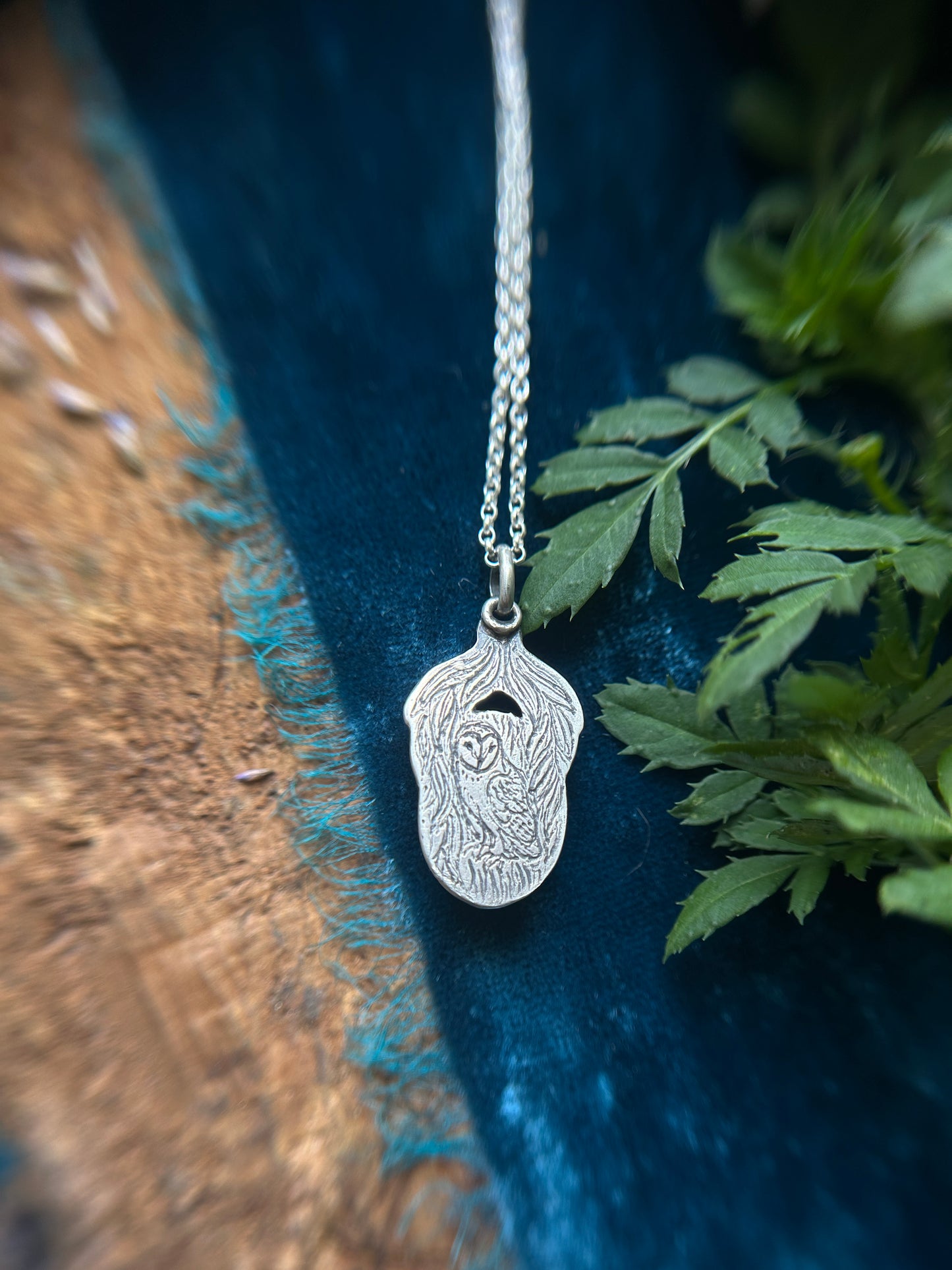 Barn Owl with Willow Tree under portrait cut quartz Necklace- sterling silver jewelry