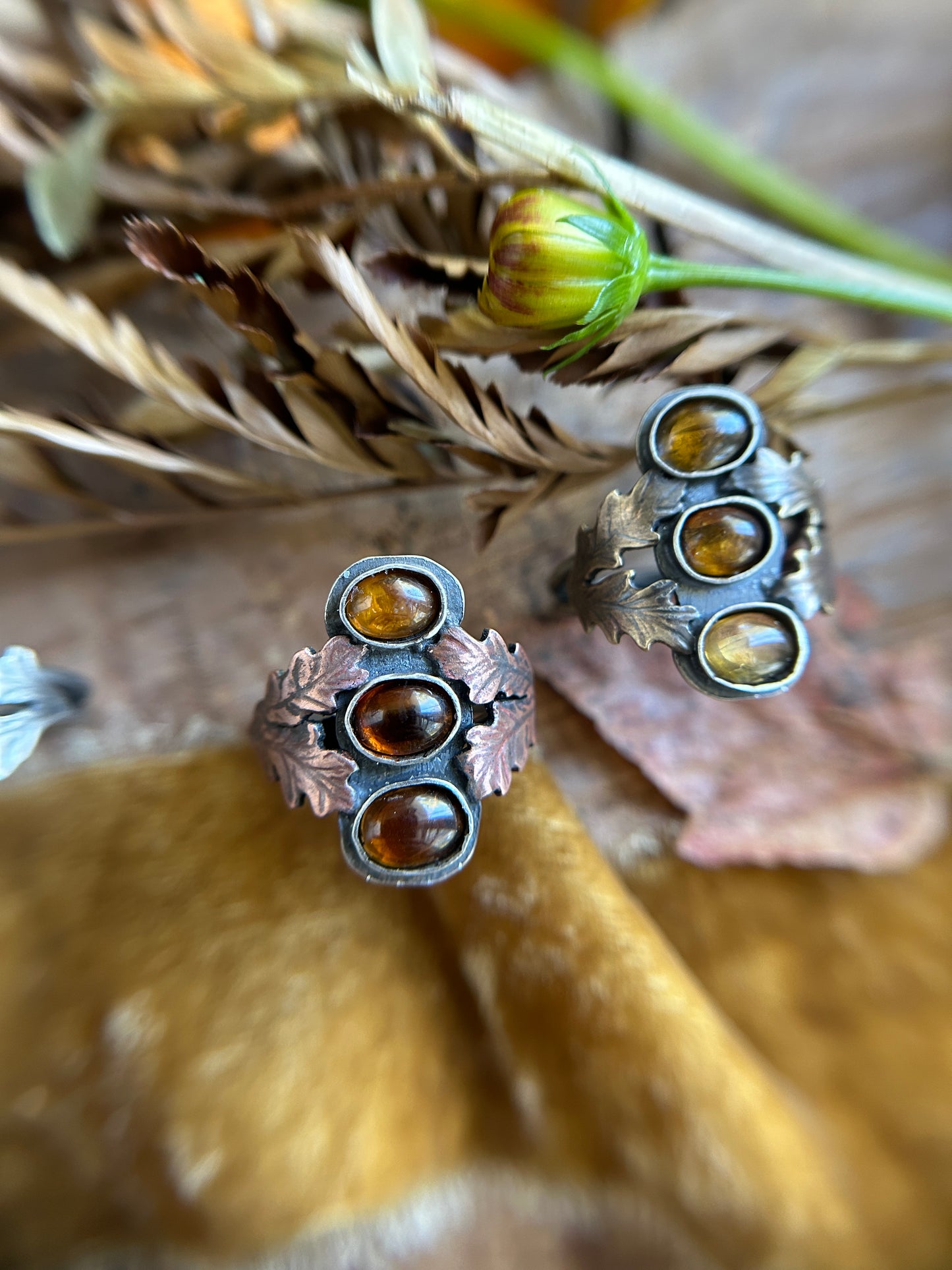 Tourmaline Autumn Forest Rings- any size- choice of green, orange, or yellow. Silver, copper, brass oak leaves