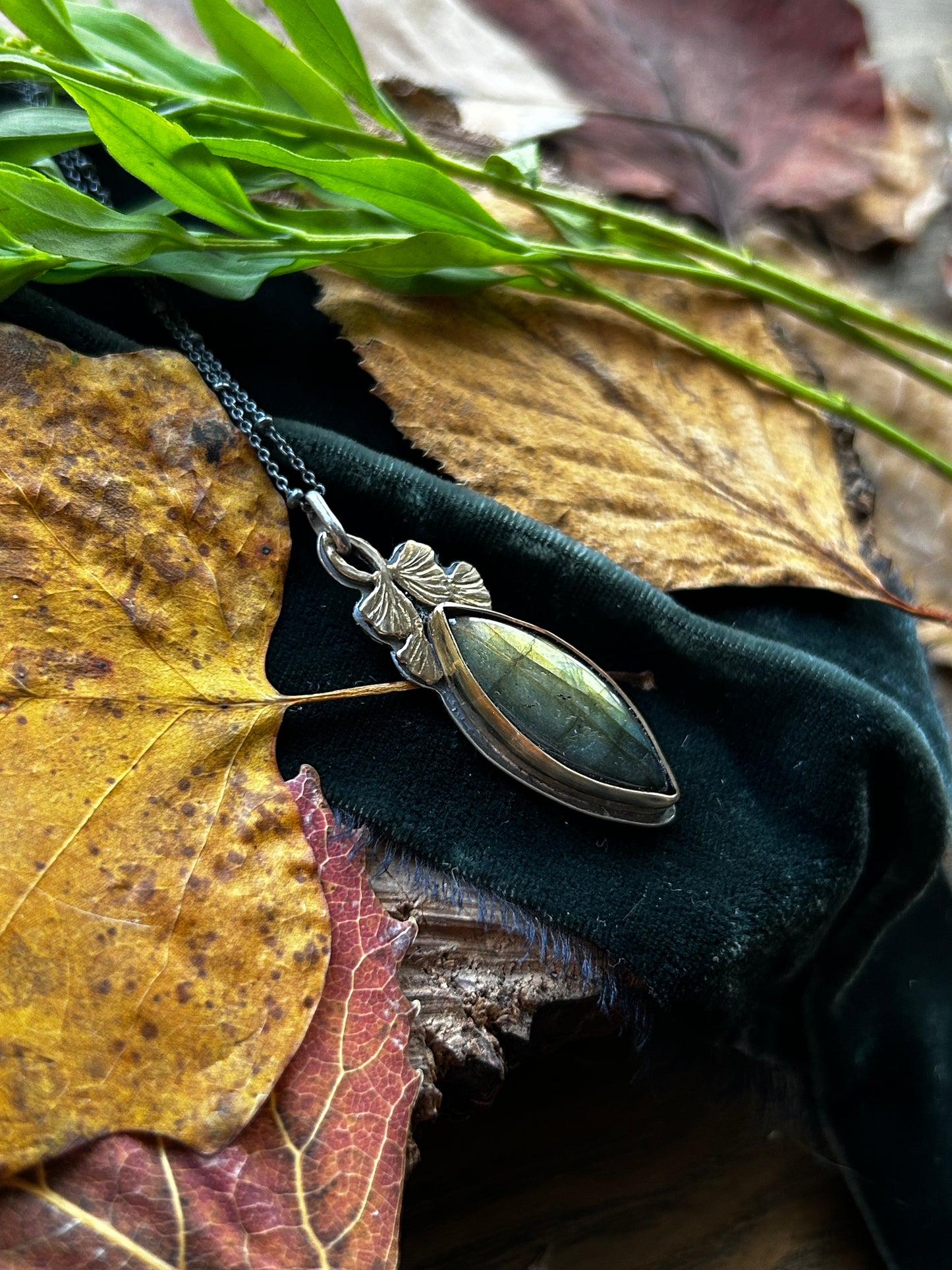Golden Labradorite Ginkgo Leaf Necklace- sterling silver and brass jewelry