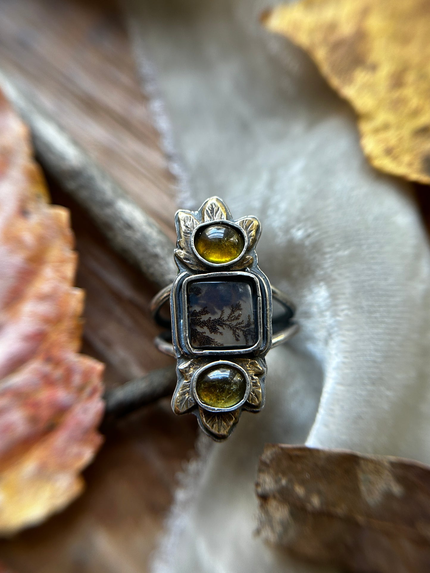 Woodland Maple leaf ring with Dendritic Agate and Tourmaline- sterling silver and brass jewelry