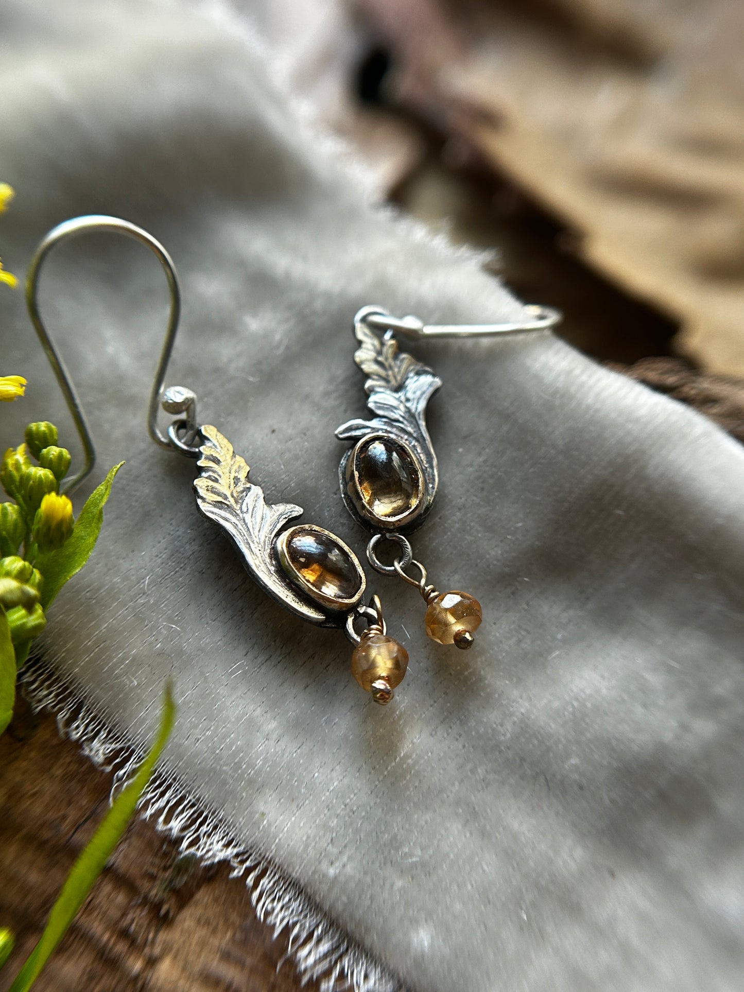Goldenrod Earrings with Imperial Topaz and Hessonite Garnet- Brass and sterling silver jewelry