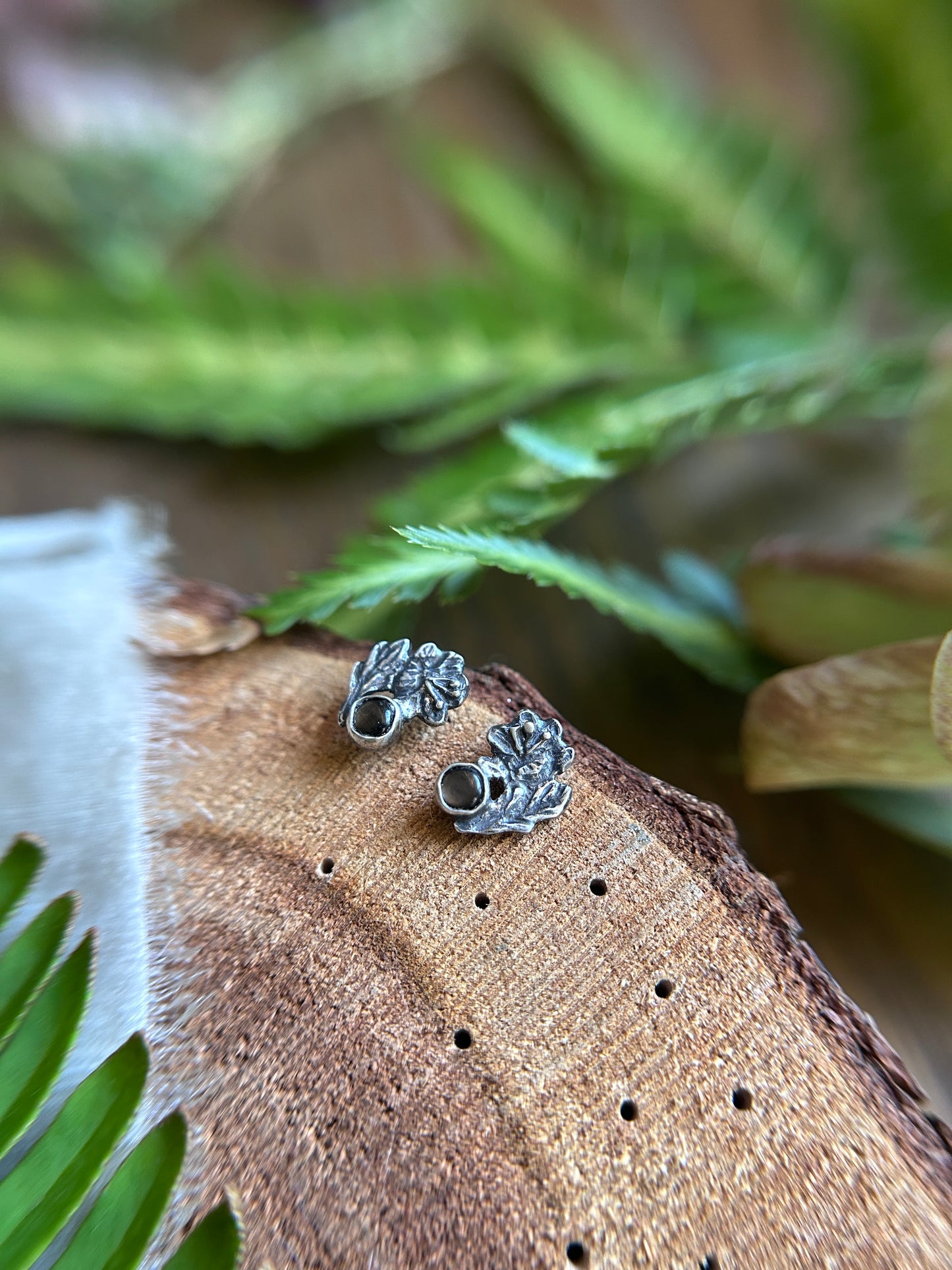 Hellebore flower post earrings with black star sapphire- Sterling silver jewelry
