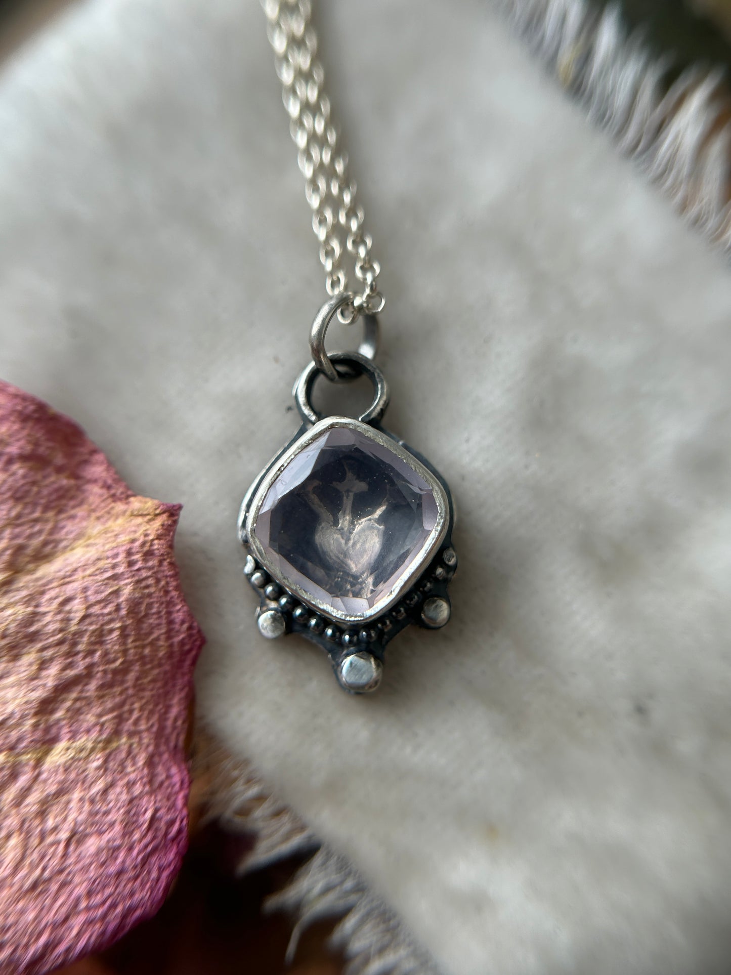 Three of Swords Heart Rose Quartz and Sterling Silver Necklace