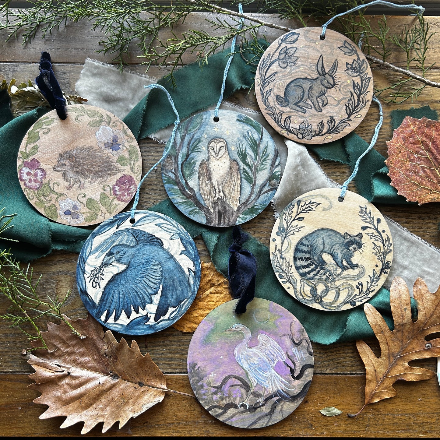 Handpainted Ornaments- watercolor on wood Woodland Creature Ornaments