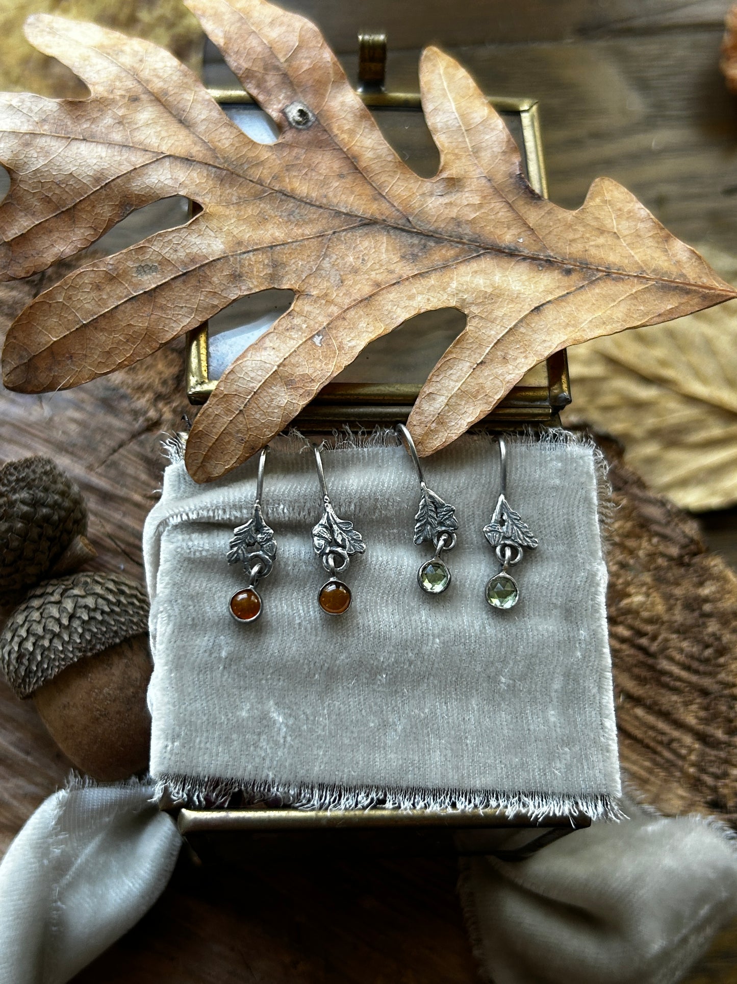 Oak leaf and Acorn Earrings- Sterling silver jewelry with gemstone charm