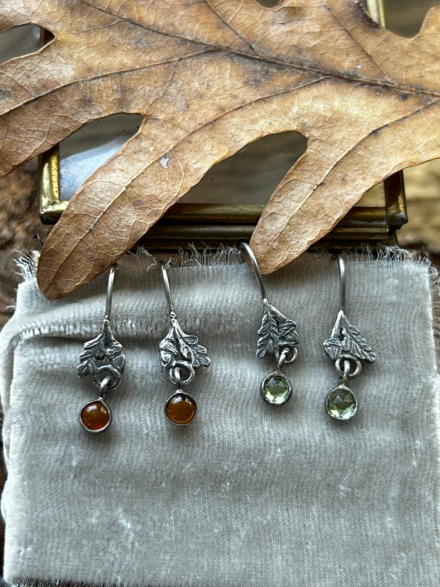 Oak leaf and Acorn Earrings- Sterling silver jewelry with gemstone charm