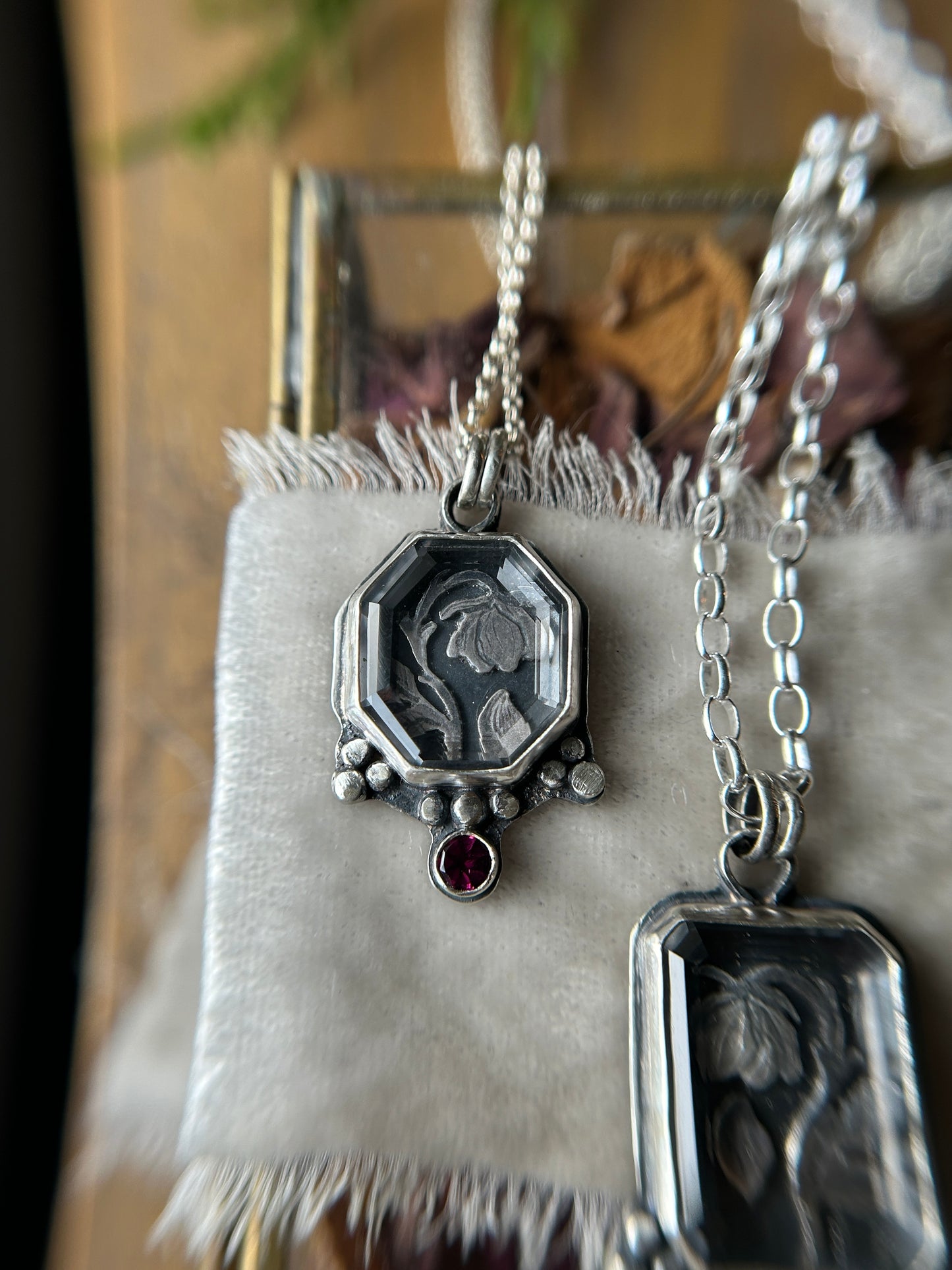 Enchanted Rose under Portrait Cut Quartz with garnet- sterling silver necklace