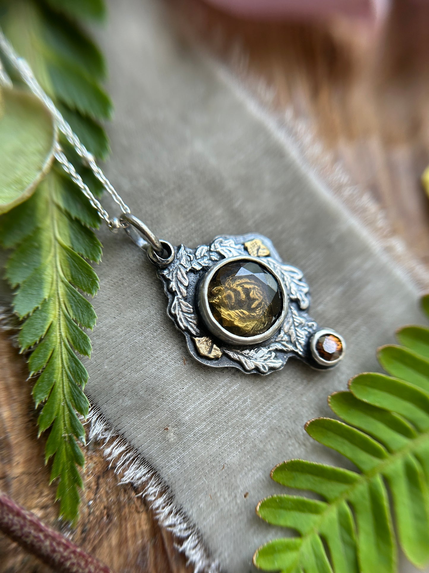 Hibernating chipmunk with portrait cut citrine & zircon necklace- Sterling silver and brass jewelry