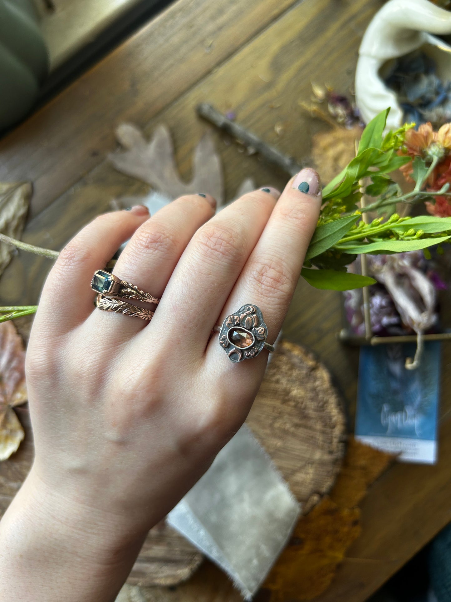 Pumpkin Moon with Zircon Ring- sterling silver and copper jewelry