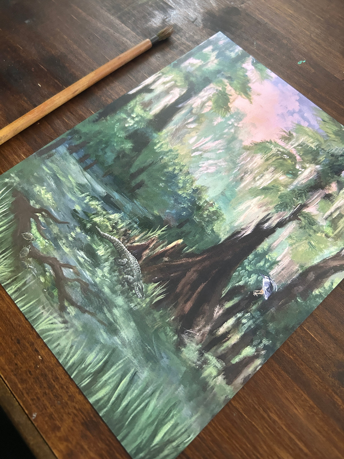 Art print- Twilight in the swamp with alligator, night heron, turtle Lowcountry painting- 8x10