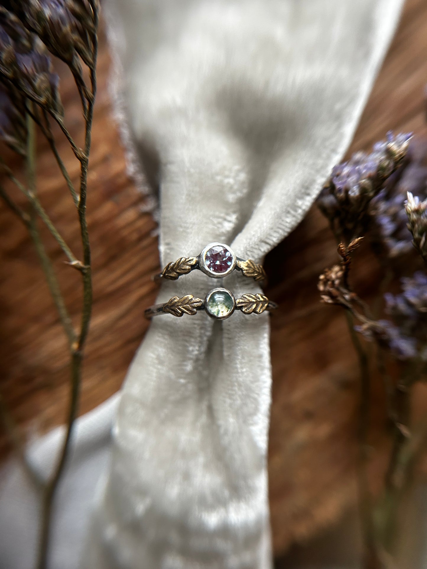 Woodland leaf stackable ring- choice of gemstone, leaves, and ring size sterling silver with choice of brass or copper made to order jewelry