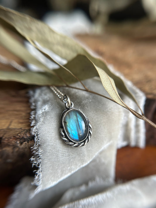 Labradorite with twisted wire half border Necklace- sterling silver
