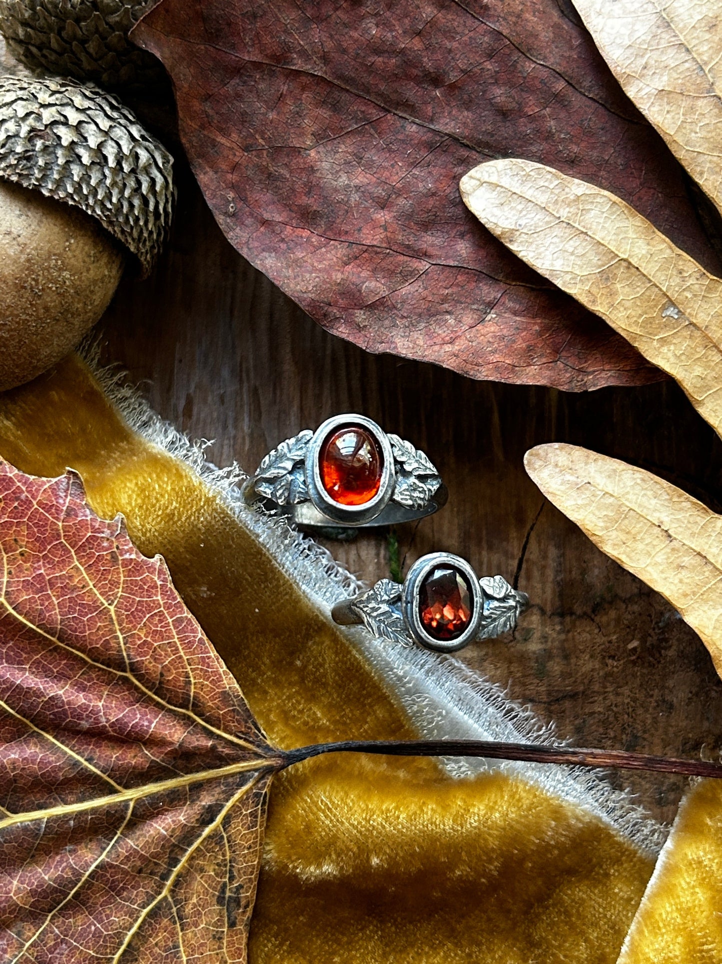 Oak and Acorn Ring in choice of zircon or hessonite garnet- sterling silver jewelry