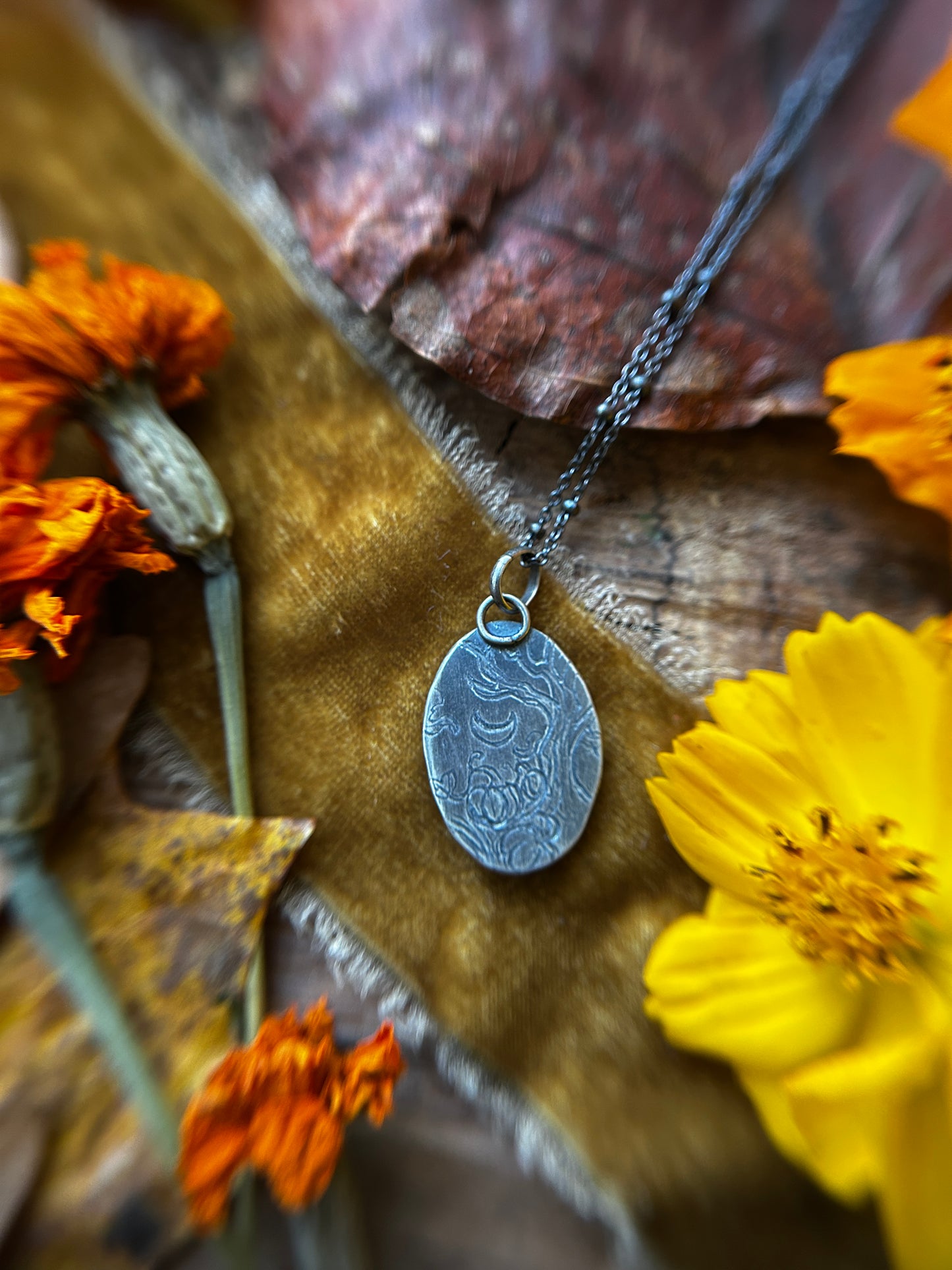 Pumpkin Moon Necklace with zircon- Sterling silver and copper detailed jewelry ready to ship