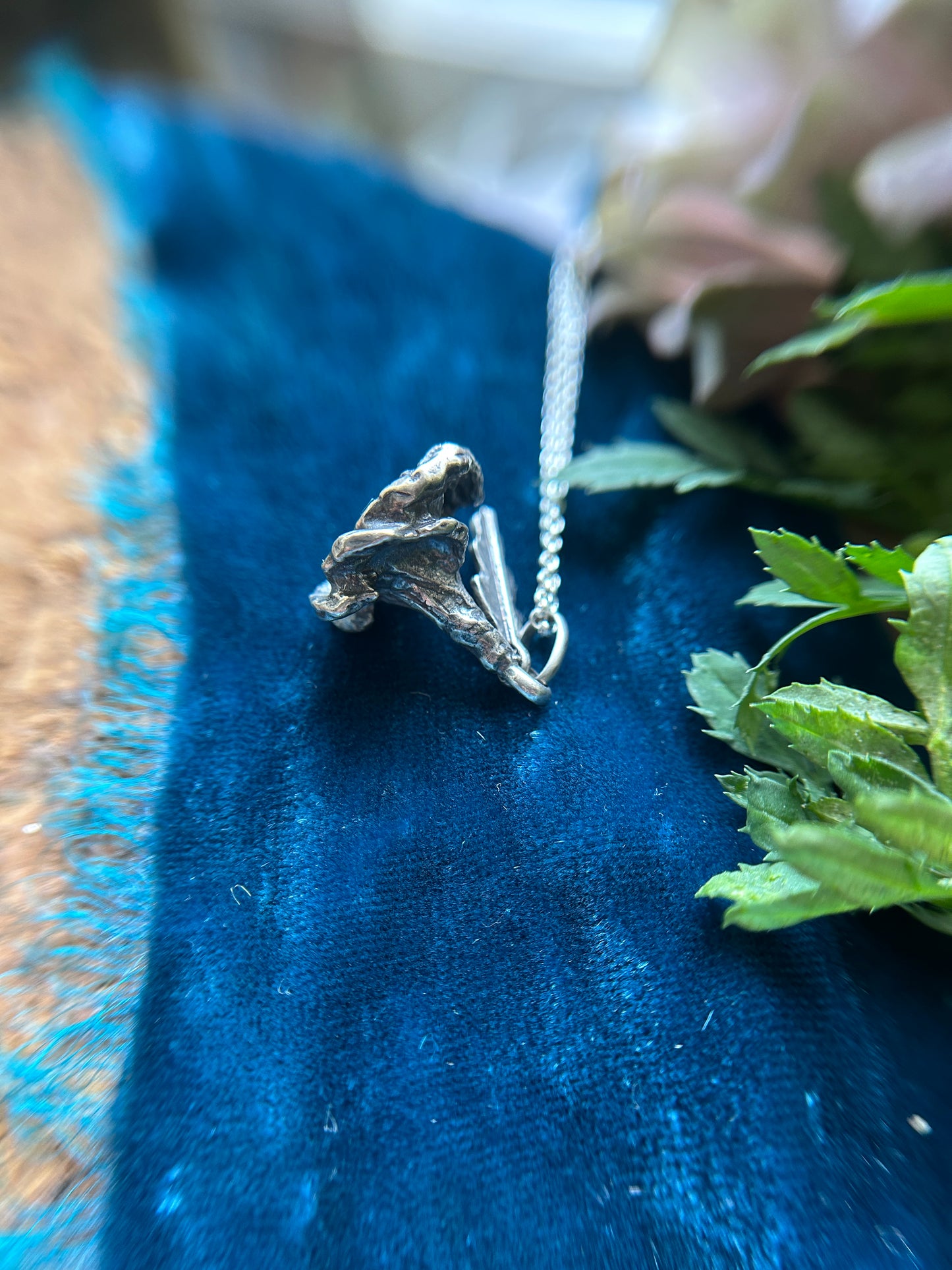 Datura Blossom Necklace with leaf- lost cast sterling silver jewelry