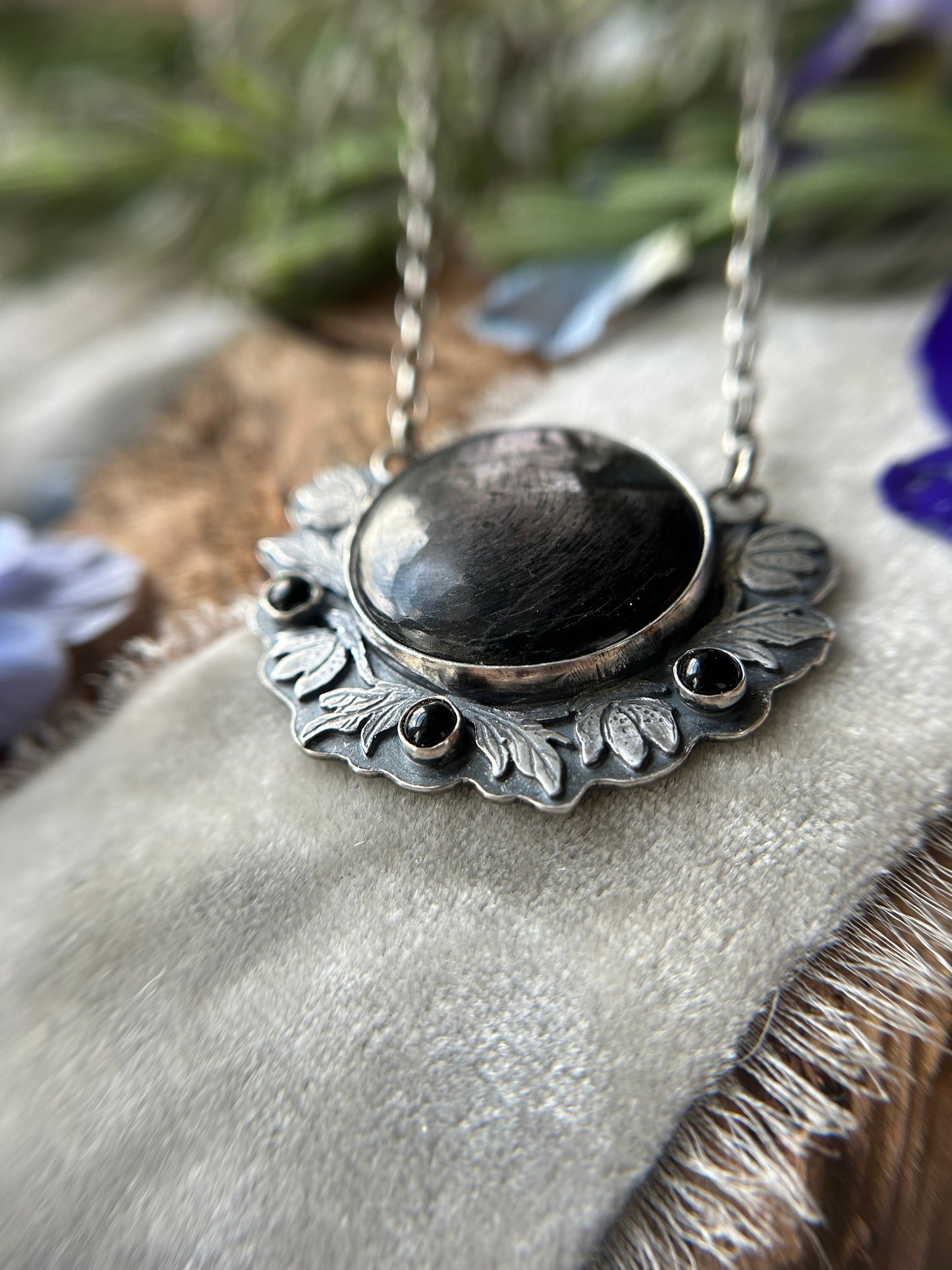 Hellebore Flowers with Hypersenthe and Black onyx- sterling silver necklace with adjustable chain