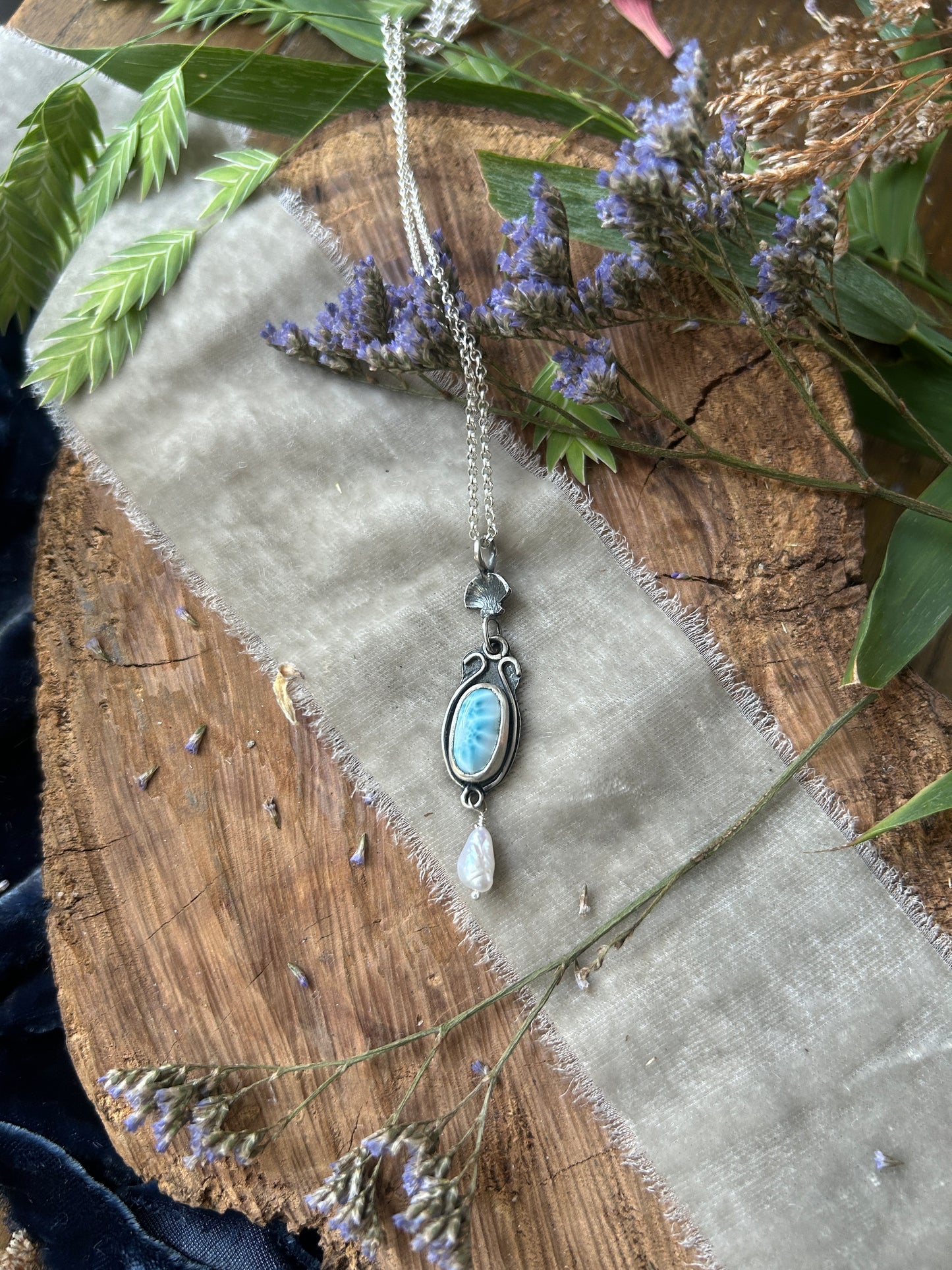 Larimar and Pearl Necklace with sailing ship- sterling silver jewelry