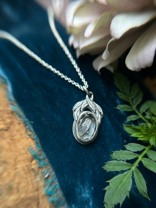 Barn Owl with Willow Tree under portrait cut quartz Necklace- sterling silver jewelry