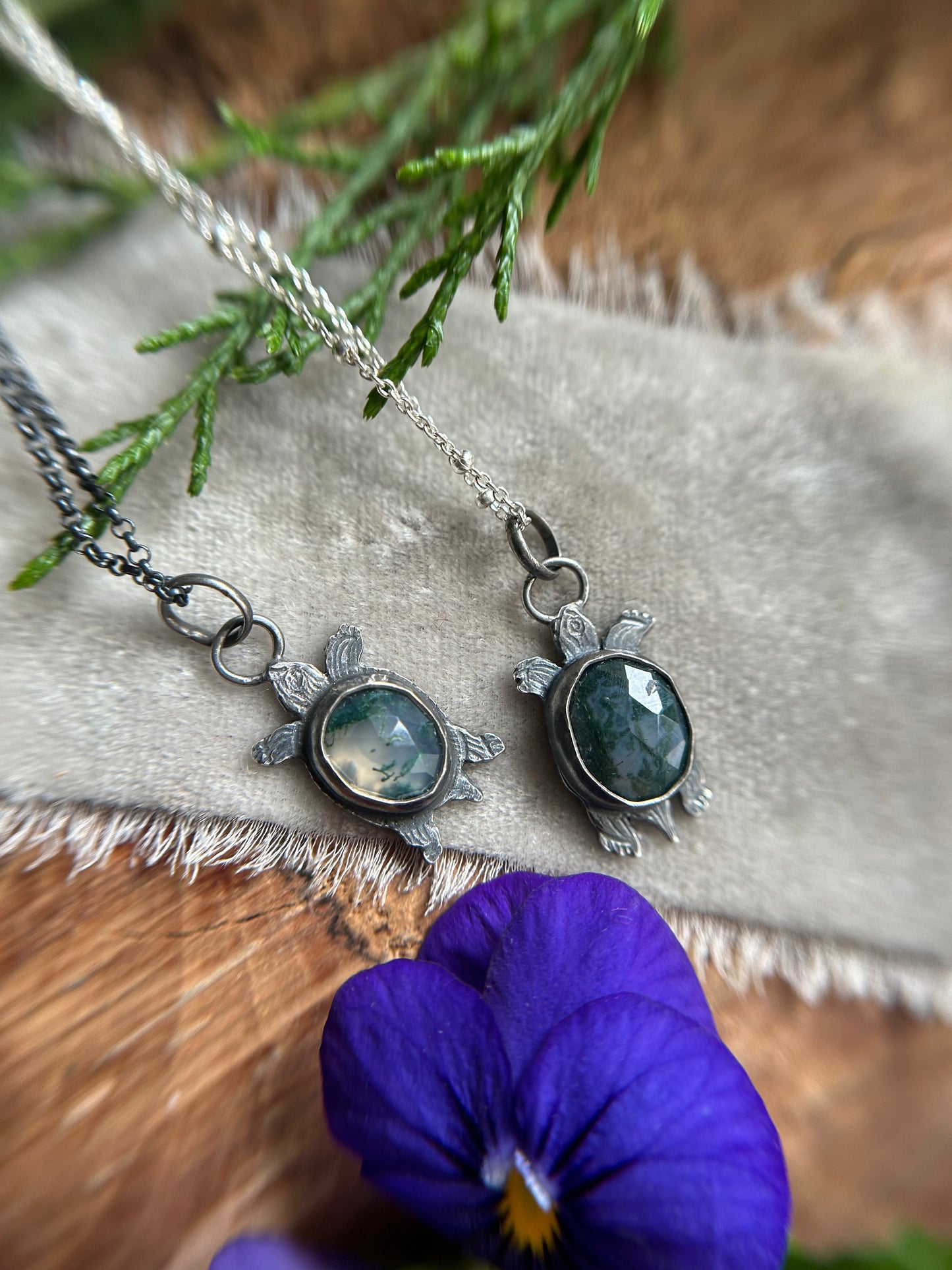 Moss Agate Swamp Turtle Necklace- sterling silver